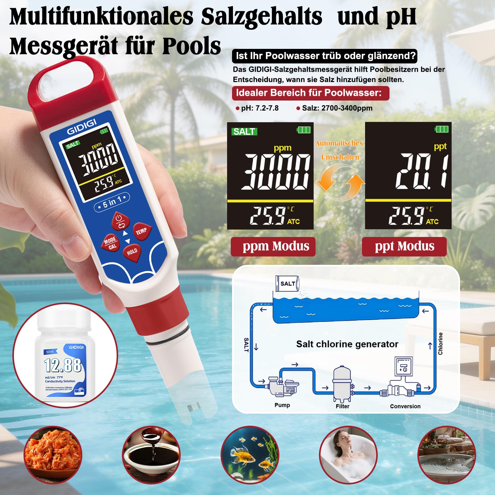 Digitales Schwimmbad-Salzgehaltsmessgerät, 5-in-1 pH- und TDS-Messgerät, geeignet für Meerwasser-Schwimmbäder, ausgestattet mit Kalibrierkit, Salzgehaltsmessgerät für Meerwasseraquarien