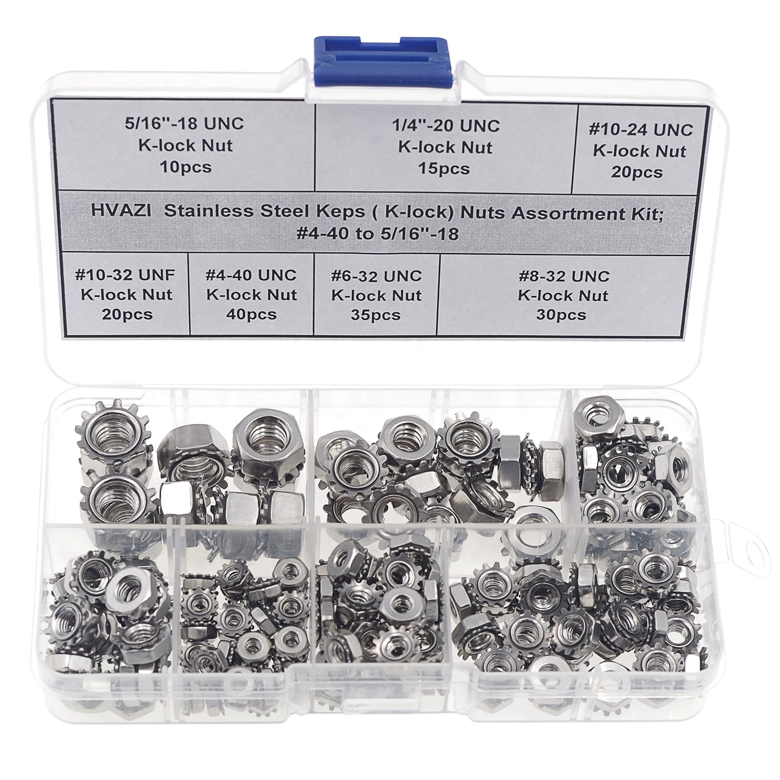 Stainless Steel Keps(K-Lock) Nuts Assortment Kit;#4-40 to 5/16"-18;Hex Nuts with Tooth washers