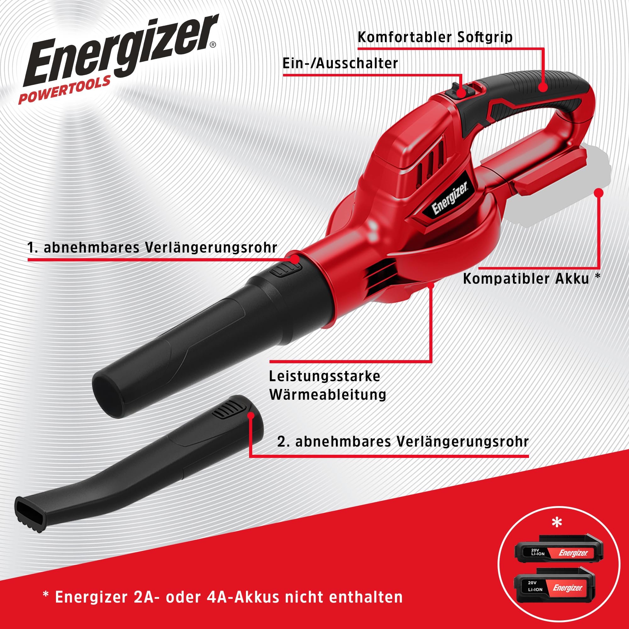 Energizer - Soplador de Hojas inalámbrico de 20 V (Pilas Incluidas) – Motor 13000 RPM – Velocidad de soplado 210 km/h – Ligero 1,2 kg – Ergonómico y Potente – para Hojas, Polvo, escombros y Otros