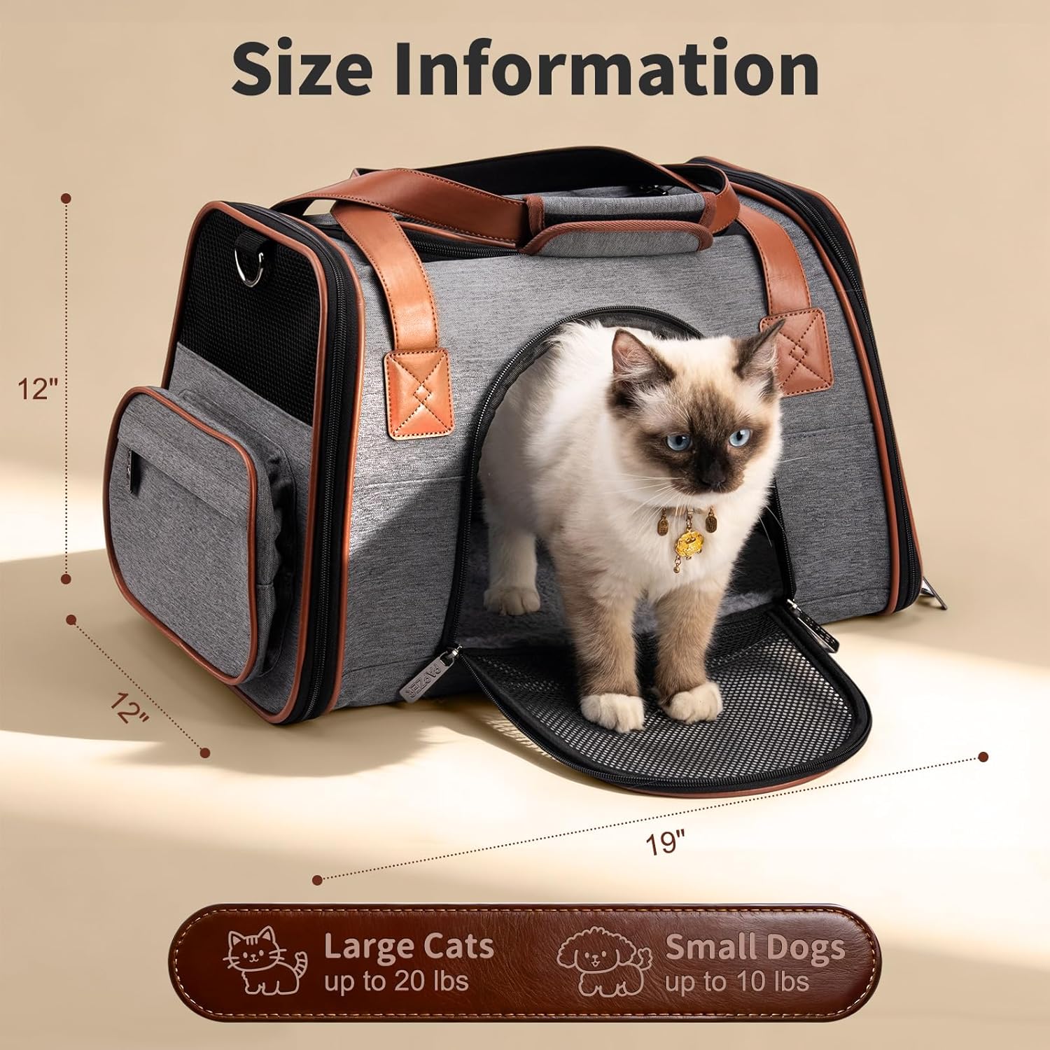 Heavy-Duty Premium Pet Carrier, Medium to Large Cat Carrying Bag with Seatbelt Strap Car Travel, Top & Side Load Crate Durable Foldable Kennel Cage for Small Dogs Under 10 lbs Leather