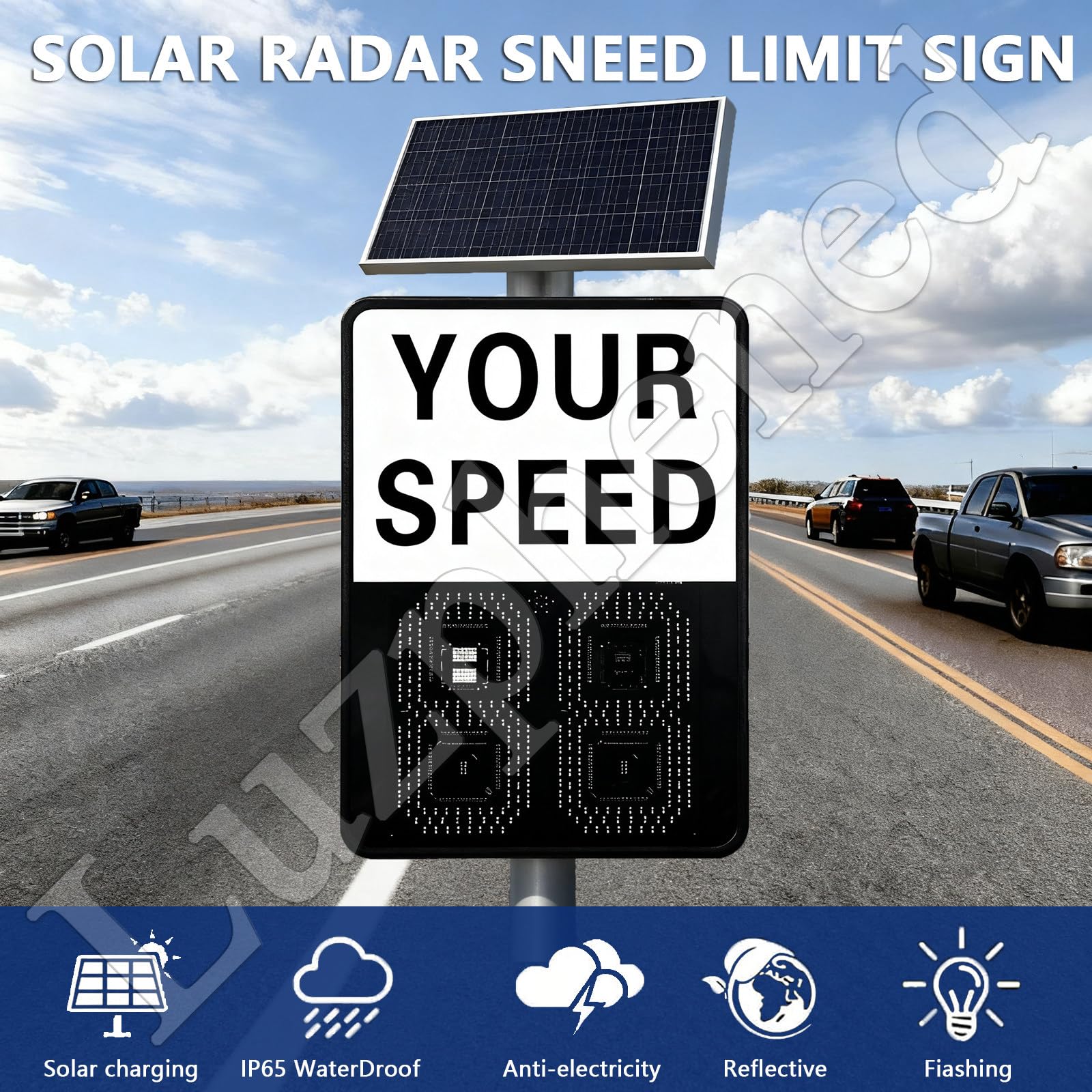 Radar di velocità, display di velocità, tachimetro a 2 cifre 50*60cm | Telecomando wireless, radar di velocità solare a LED, tachimetro lampeggiante