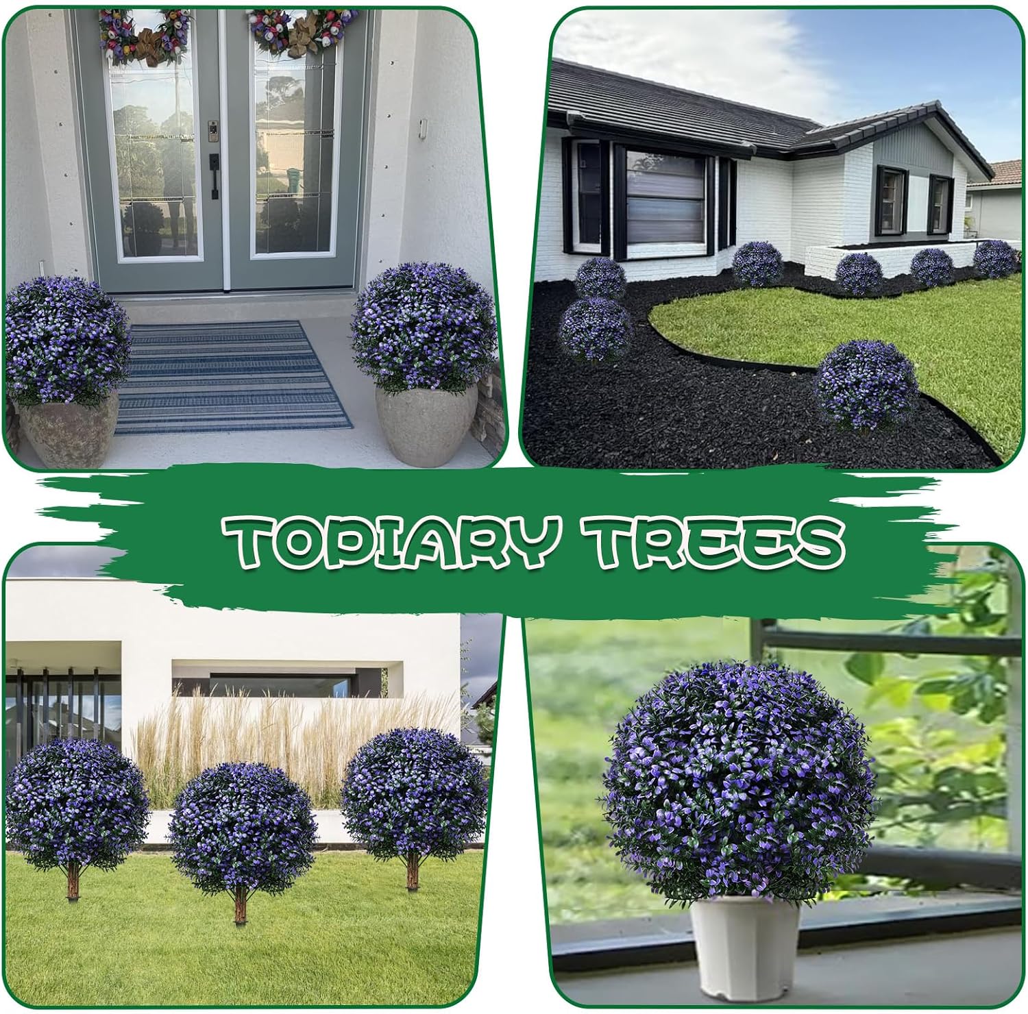 24.5'' Artificial Lavender Boxwood Topiary Balls, 2 Set Fake Plants with Spikes, UV Resistant Faux Greenery Outdoor Topiaries Bushes Trees for Indoor, Garden, Yard, Porch, Patio Decor-Purple