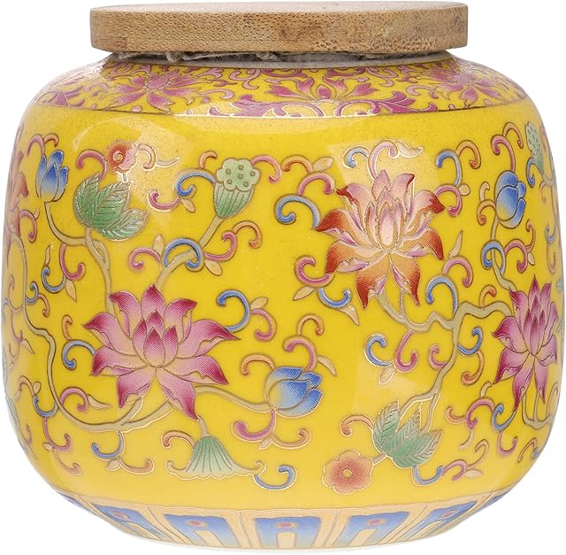 Cabilock Ceramic Tea Canister with Airtight Wood Lid Vintage Chinese Style Tea Storage Jars Traditional Tea Tins Cans Tea Caddy 230ML for Kitchen Tea Coffee Condiment Yellow