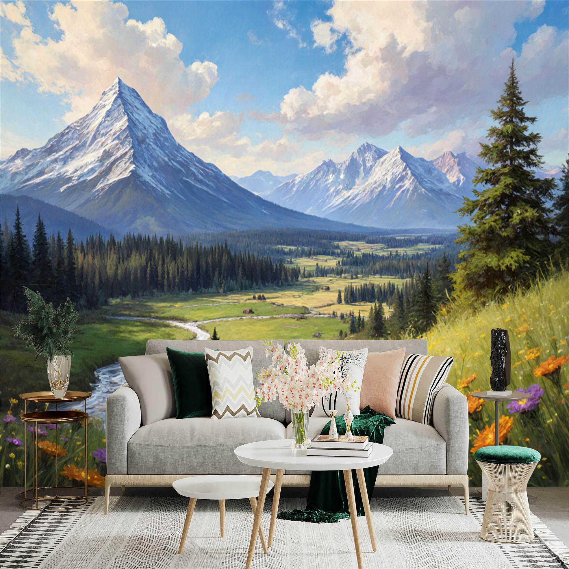 Custom Size Wall Sticker Mural， Snowy Mountains with River Valley and Wildflower Meadow， for wall Decoration， peelandstick wall Decals.