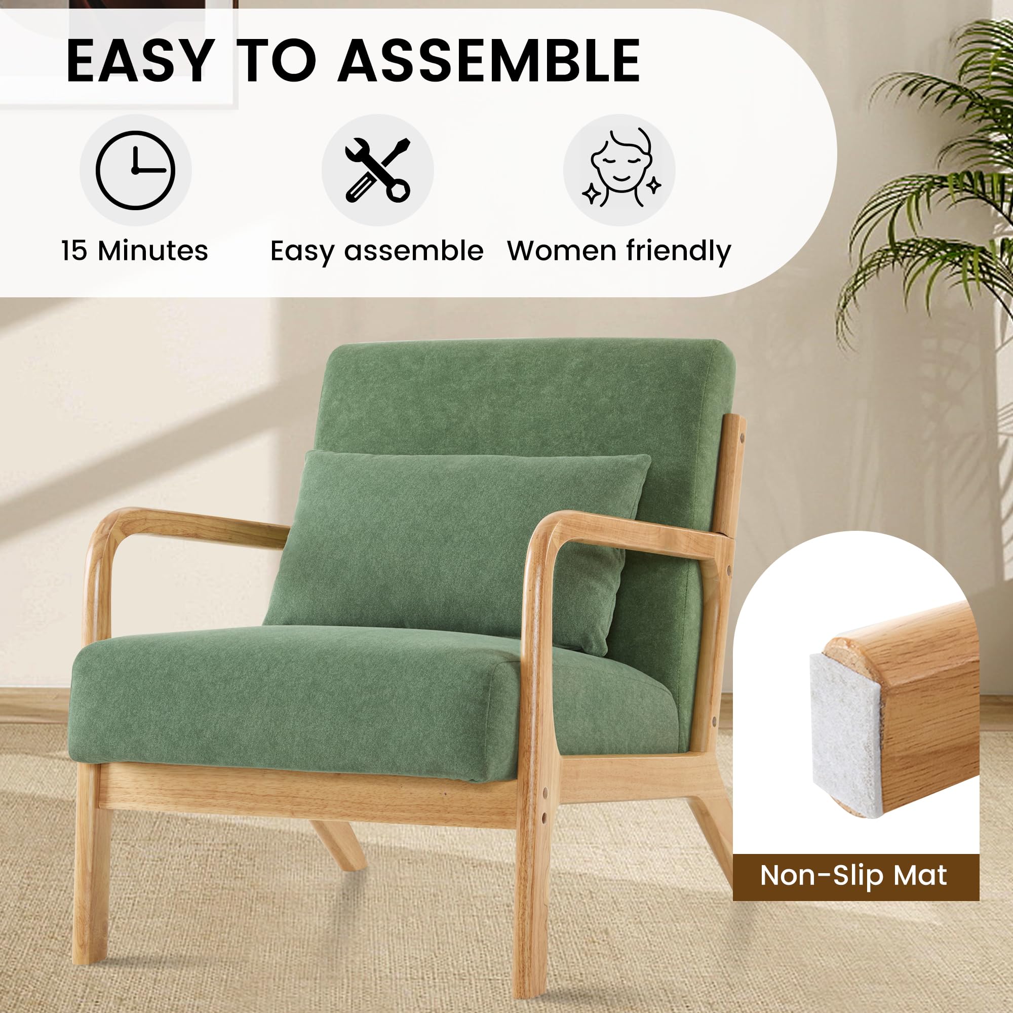 Lounge-Sessel, Akzentstuhl mit Kissen, Polstersessel mit Holzrahmen & Armlehnen, Moderner Lesesessel für Wohnzimmer, Schlafzimmer, Leseecke & Büro (81.5 x 63.5 x 74.5 cm, Grün)