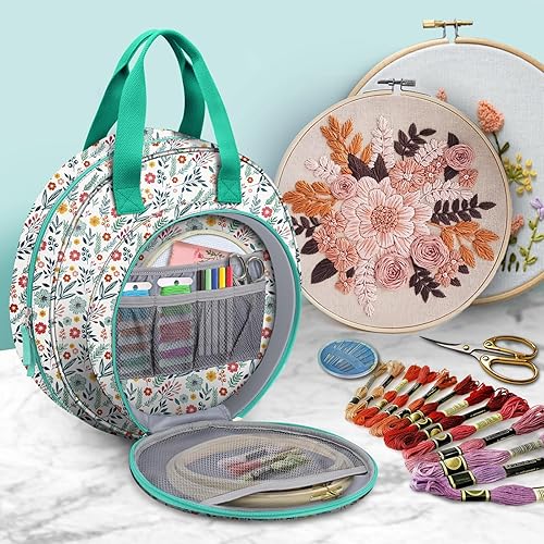 Miniatura 11 de FINPAC Bolsa para proyectos de bordado, suministros de bordado con múltiples bolsillos para hilo dental, aros, hilo, kit de herramientas de costura