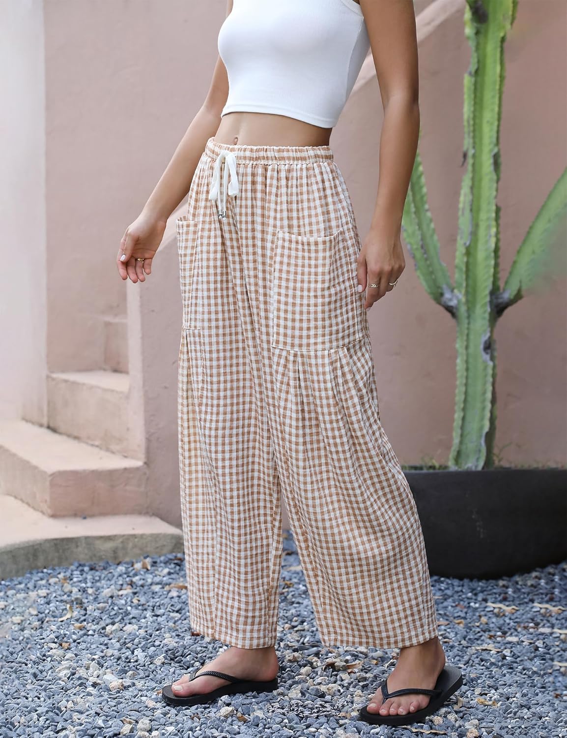 LOMON Womens Wide Leg Linen Pants Casual Drawstring Palazzo Harem Pants Summer Loose Beach Travel Vacation Pants with Pockets - Image 2