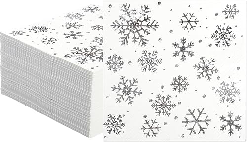 100 PCS Snowflake Paper Napkins Snowflake Cocktail Napkins Silver Foil Snow Disposable Napkins 3-Ply Dinner Party Napkins for Christmas Winter New Year Holiday Dining Party, 5 x 5 Inch