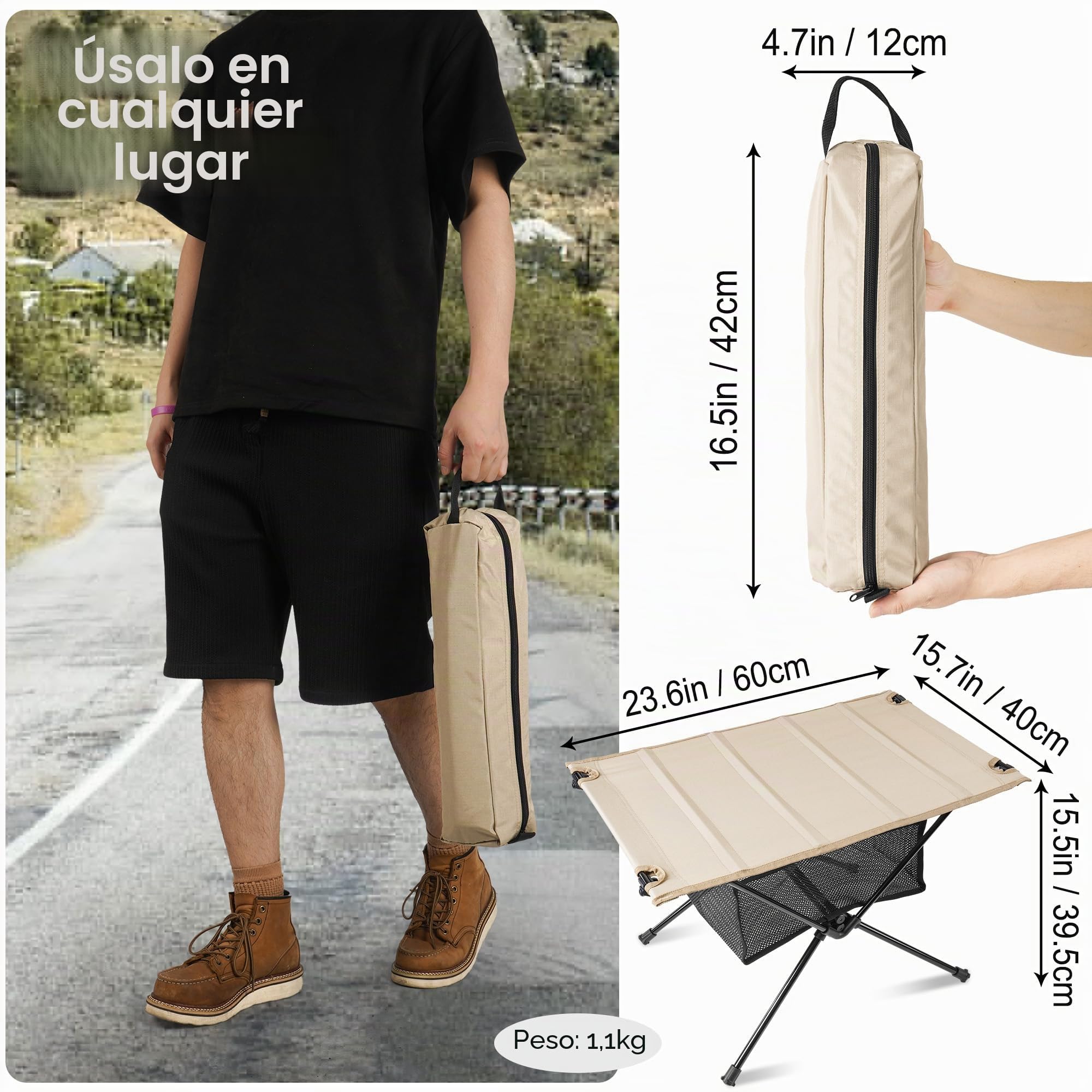 Mesa Camping - Mesa Plegable Camping, Mesa Plegable Camping Pequeña | Bolsa de Transporte, con Bolsa de Red | Pequeña & Ultra-Ligera (60x40x39,5 cm) | Ideal para Exteriores, Barbacoa