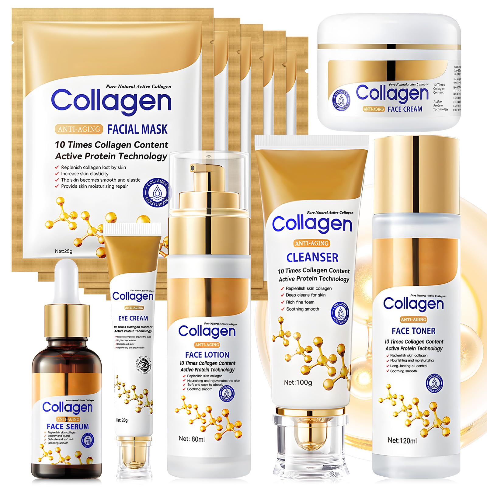 Coffret Soin Visage Femme, Coffrets de Soins pour la Peau, Coffret Femme Beauté Inclure Creme Collagene Visage, Collagene Masque, Nettoyant Visage, Serum Collagene Visage, Creme Yeux, 11 Pièces