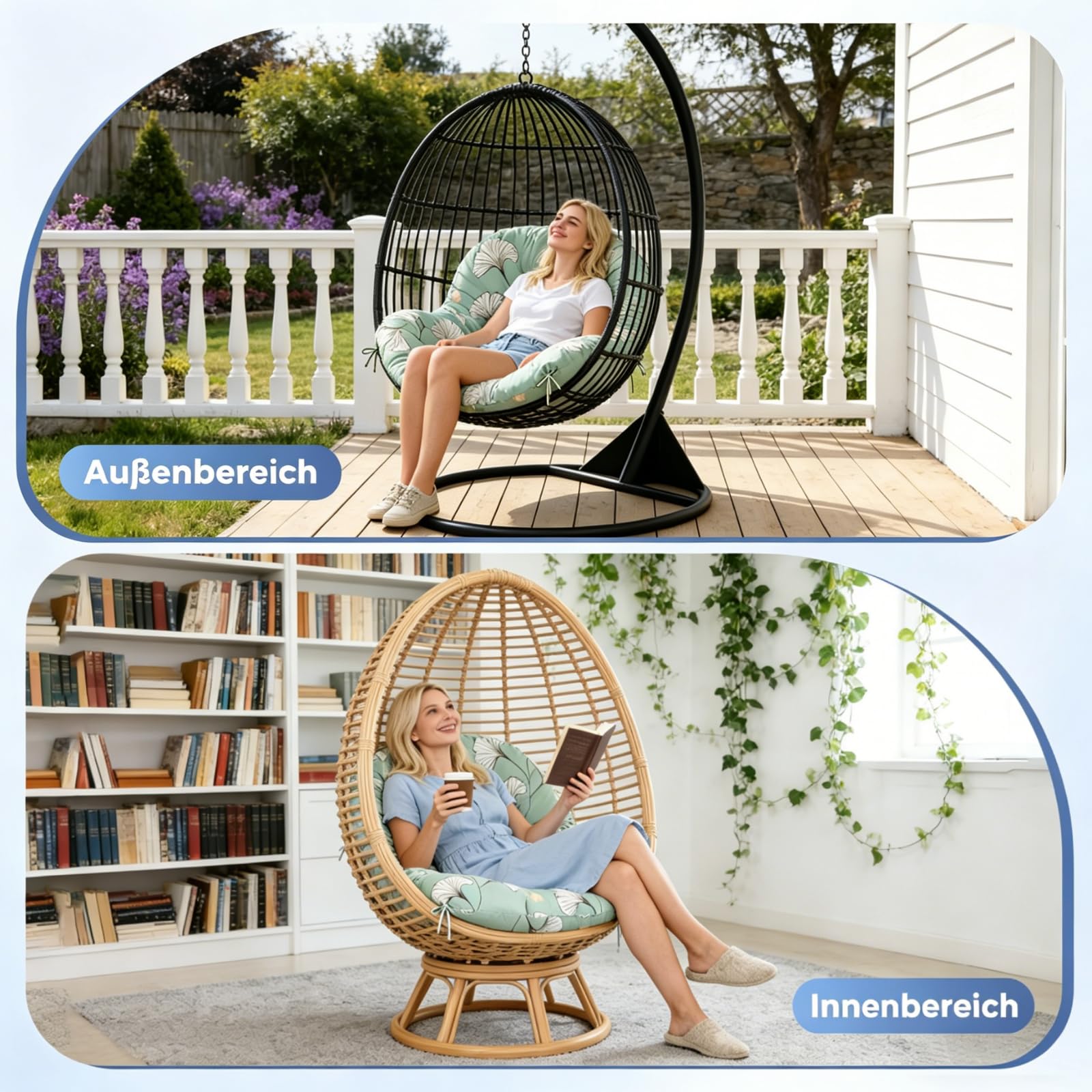Kissen für Egg Chair, Hängesessel-Kissen 120 x 85 x 18 cm, wasserfestes Ersatzkissen für Schaukelstuhl (nur Kissen), dickeres Hängesessel-Kissen für Garten, Außen- und Innenbereich, Blatt