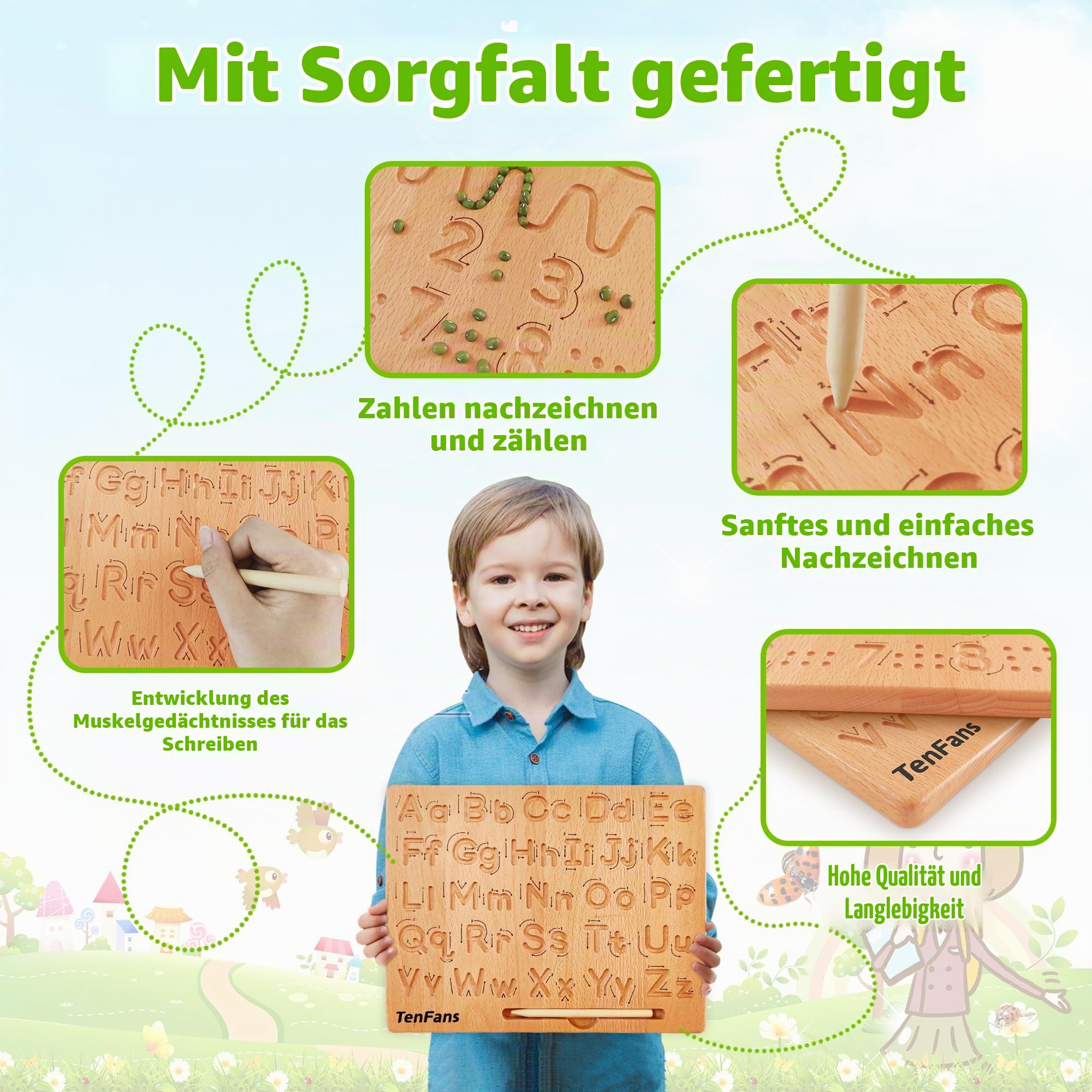 TanFans Holz-Alphabet Schreibtafel - Montessori Lernspielzeug für Vorschulkinder - Feinmotorik fördern - ABC Schreiben Lernen - beidseitiges Übungstool - Geschenk für 3-5 Jahre alte Kinder