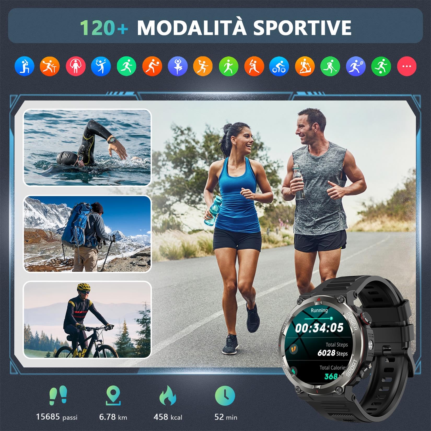 Smartwatch Uomo, 1.45" HD Orologio Uomo con 100Giorni StandbyBatteria, Smartwatch con Effettua o Risposta/LED Torcia/Bussola, 24/7 Monitoraggio Salute (Frequenza Cardiaca/Sonno/SpO2) per Android iOS
