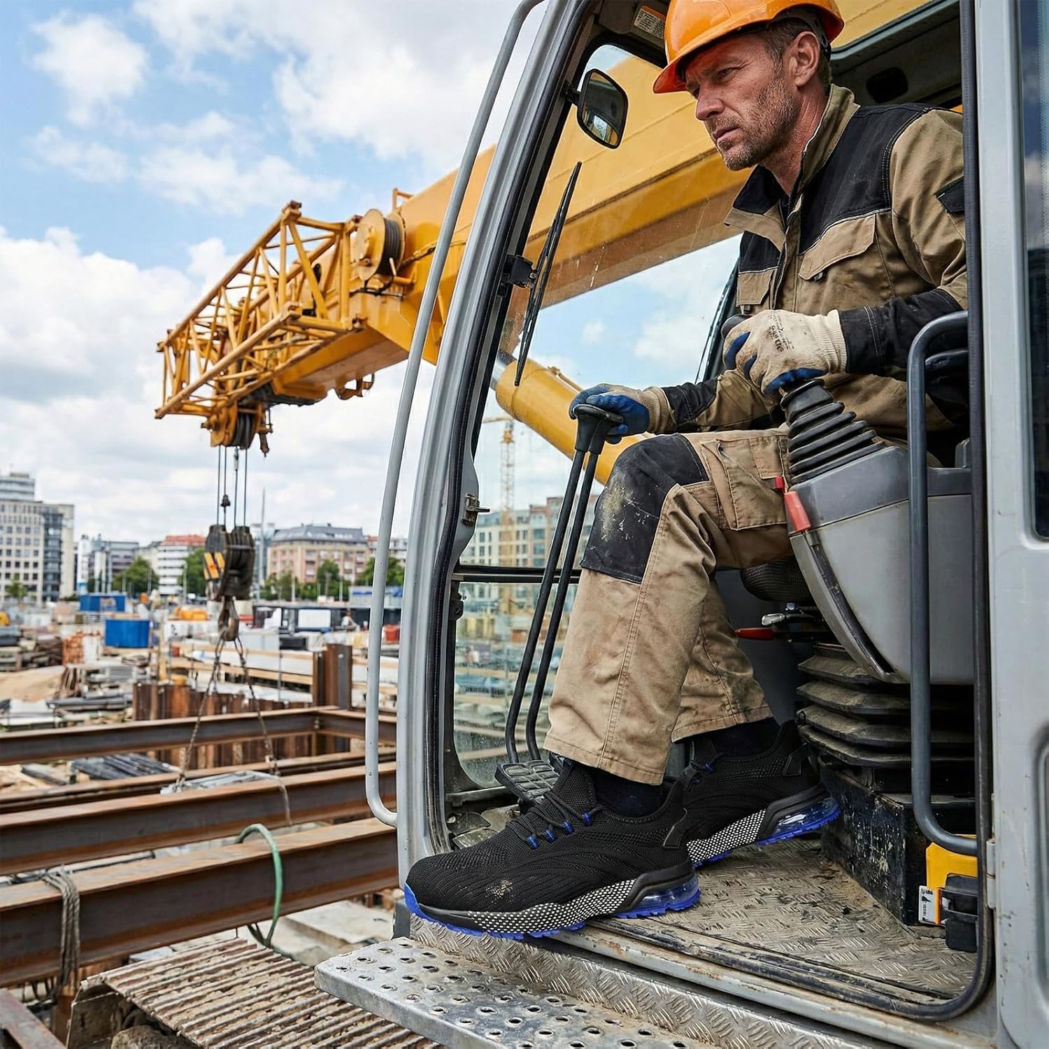 SPIEZ Composite Toe Shoes for Men Women, Lightweight Breathable Non Steel Toe Safety Shoes, Puncture Proof Slip Resistant Work Sneakers Black Blue/Black Yellow US5-12 - Image 2