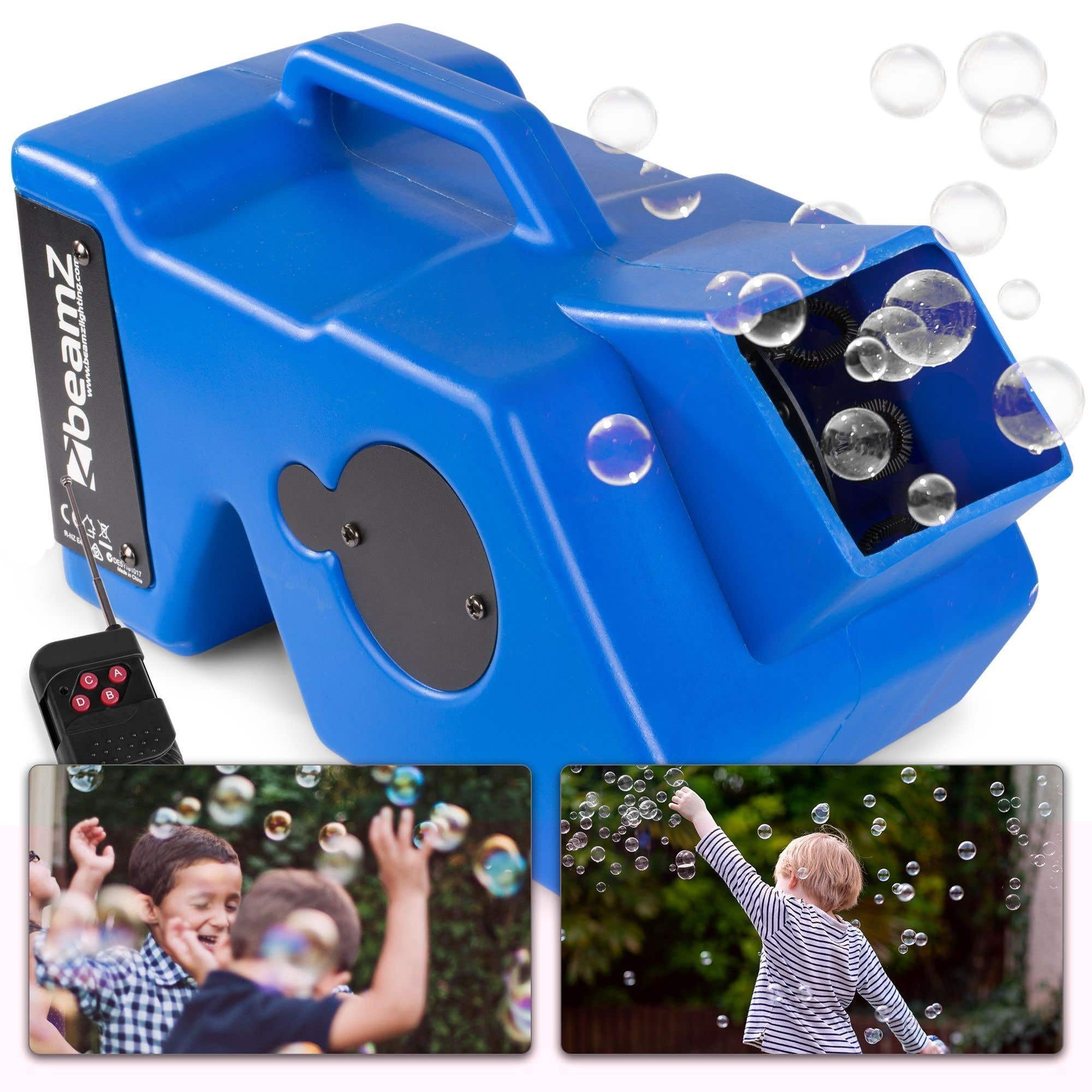 BeamZ B1000 Automatischer Seifenblasenmaschine mit Funk Fernbedienung und 5 Liter Seifenblasenflüssigkeit, Professional Seifenblasen Automat mit Ventilator, Leistungsstark 40W - Blau
