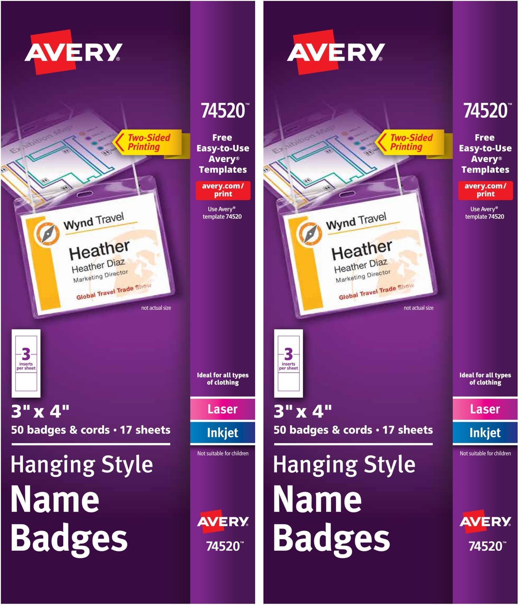 Avery Name Badges with Lanyards, Print or Write, 3" x 4", Badge Holders &amp; Lanyards, 50 Inserts (74520) (Pack of 2)