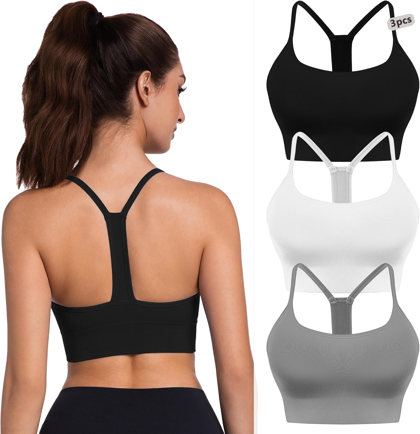 3 Pcs Racerback Sport Bra, Padded Y Back Cropped Bra, Medium Impact Spaghetti Thin Strap Workout Yoga Top