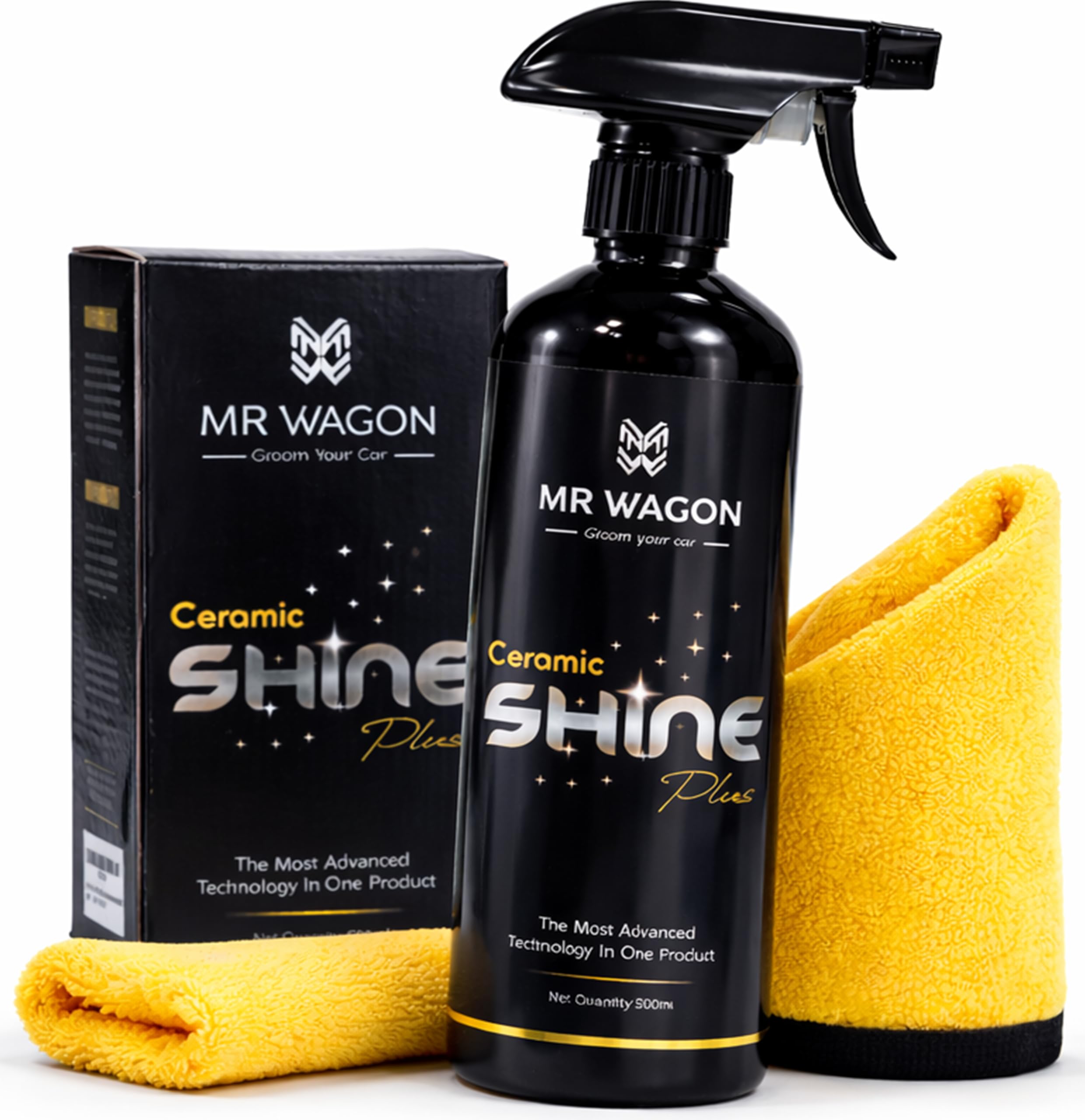 MR WAGON Ceramic Shine Plus | Liquid Hybrid Ceramic Coating For Car- 500Ml | Car Polish & Car Wax | Lasting Shine, Protection | 2- Microfibre Cloth Combo, Clear