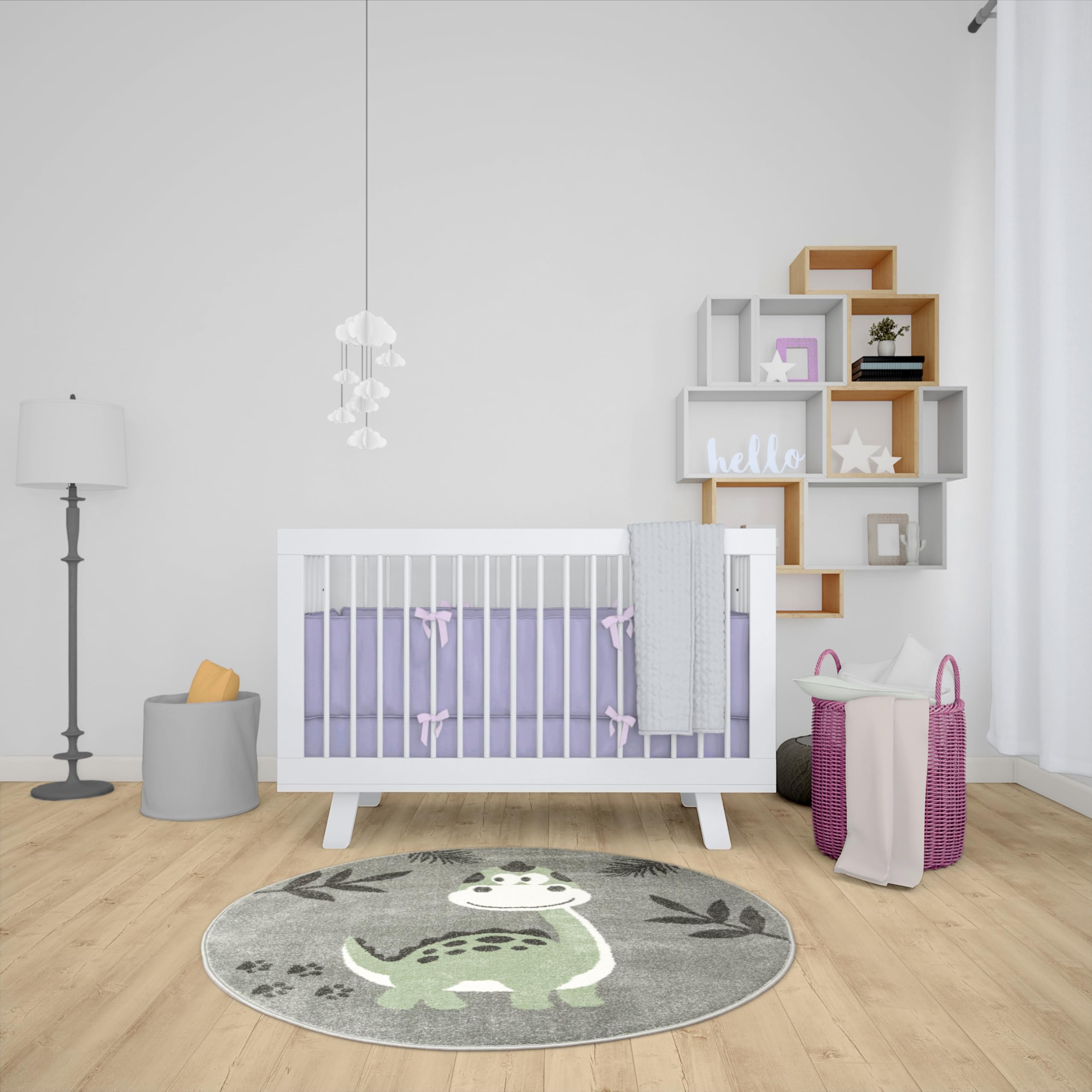 Runder Kinderteppich Lima Dinosaurier Grau, Grün 160 cm, Teppiche für EIN Kinderzimmer mit kurzem Flor, Teppich für einen Jungen, Mädchen, Gemütlich Spielteppich, Dekorativ