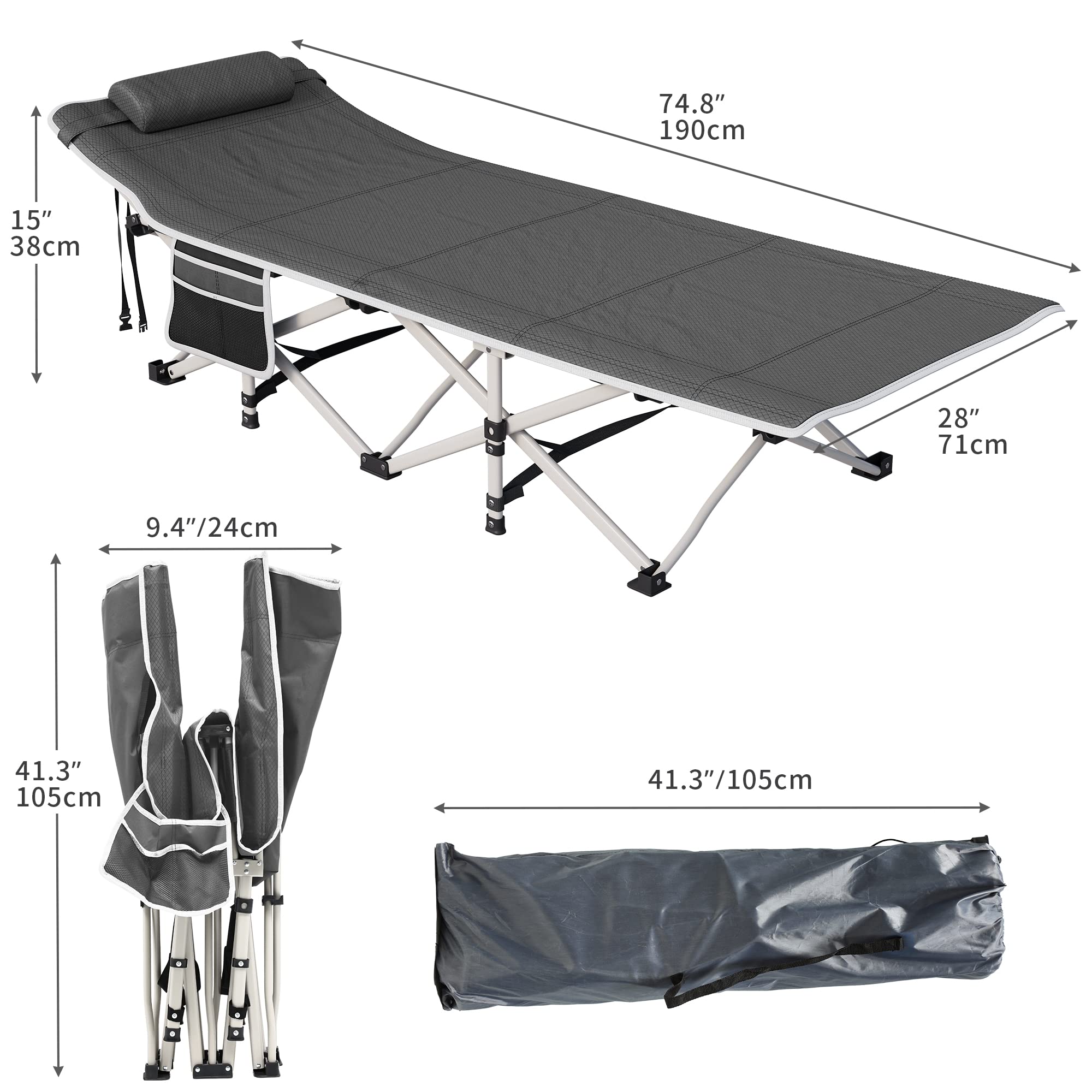 YITAHOME Letto da campeggio pieghevole per adulti, extra largo 71,1 cm, portatile, comodo lettino da campeggio con capacità di 280 kg, per viaggio/ufficio/all'aperto, grigio