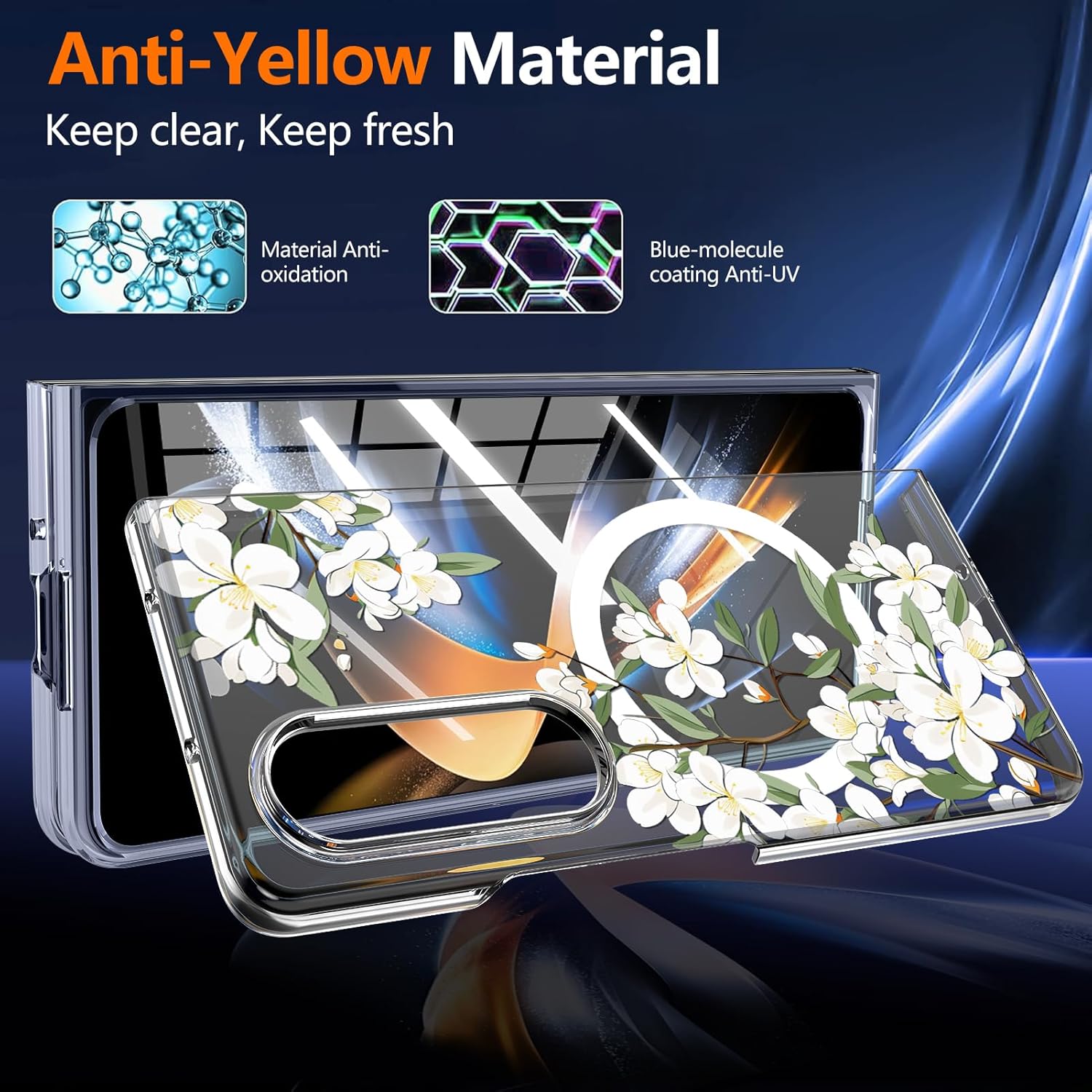 for Samsung Galaxy Z Fold 3 Clear Case Magnetic,Slim Lightweight Non Yellowing Wireless Charging,Hard PC Cute case for Galaxy Z Fold 3 [White Flower] MMUS-CXDZ-04-14