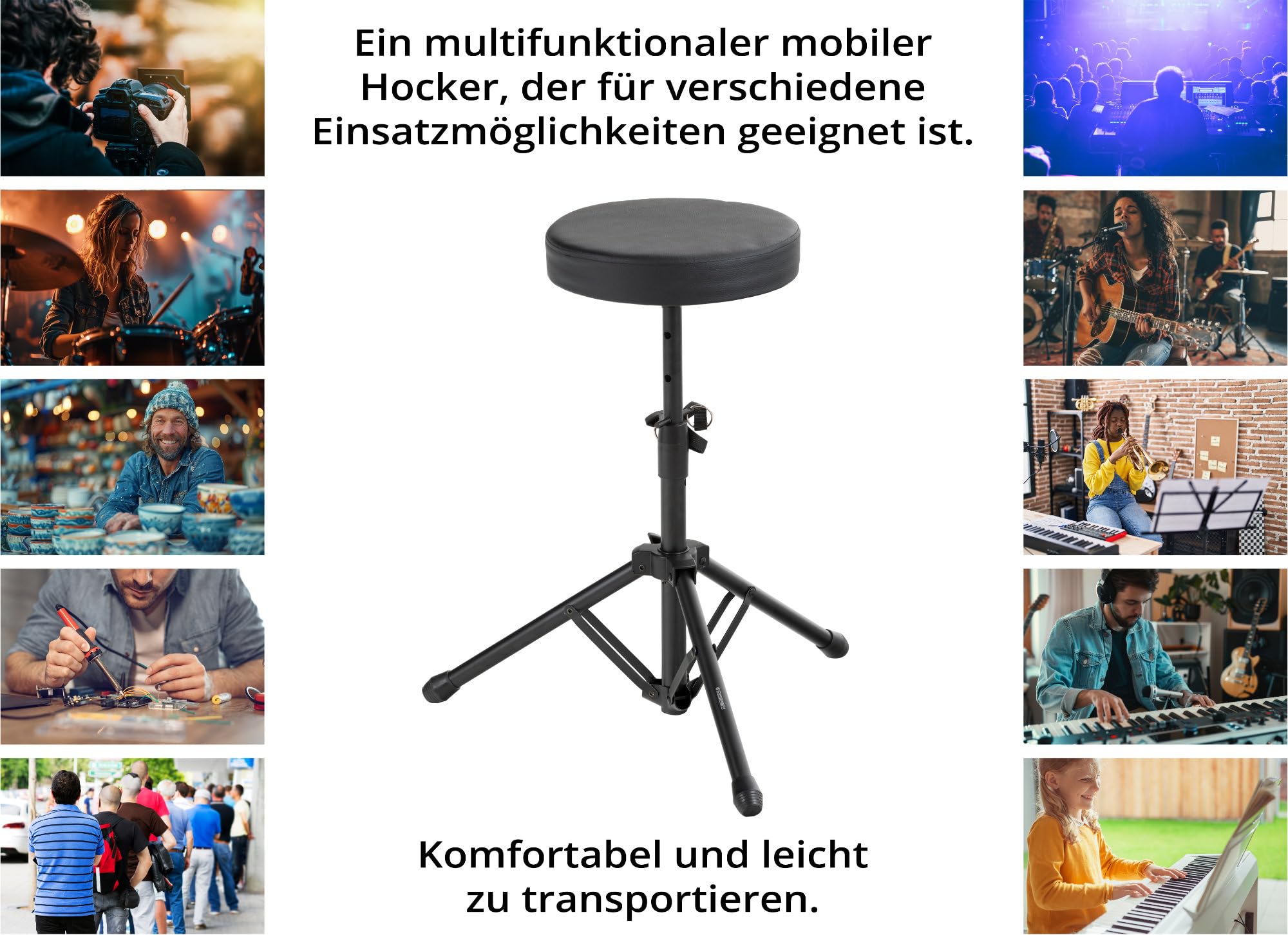 McGrey KD-10 Sgabello Pieghevole Leggero per Batteria - Sgabello Regolabile in Altezza con Dimensioni Compatte per il Trasporto - Seduta Rotonda Imbottita - Struttura Robusta in Tubo d'Acciaio - Nero