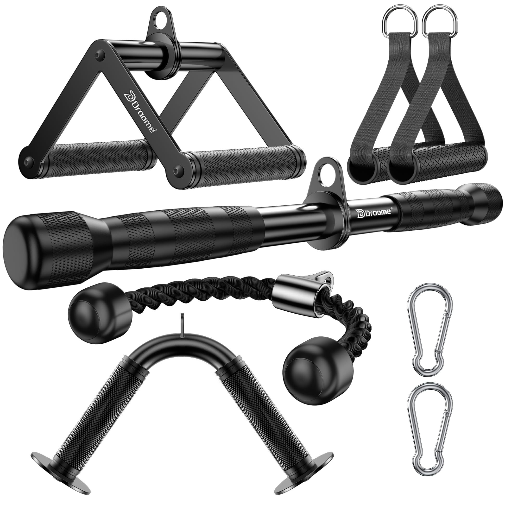 DRAOME Cable Machine Attachments Set for Home Gym - LAT Pulldown V-Shaped Bar, Rotating Straight Bar, Rotating V Handle, Nylon Tricep Rope, Single D Handles with Straps & Carabiners