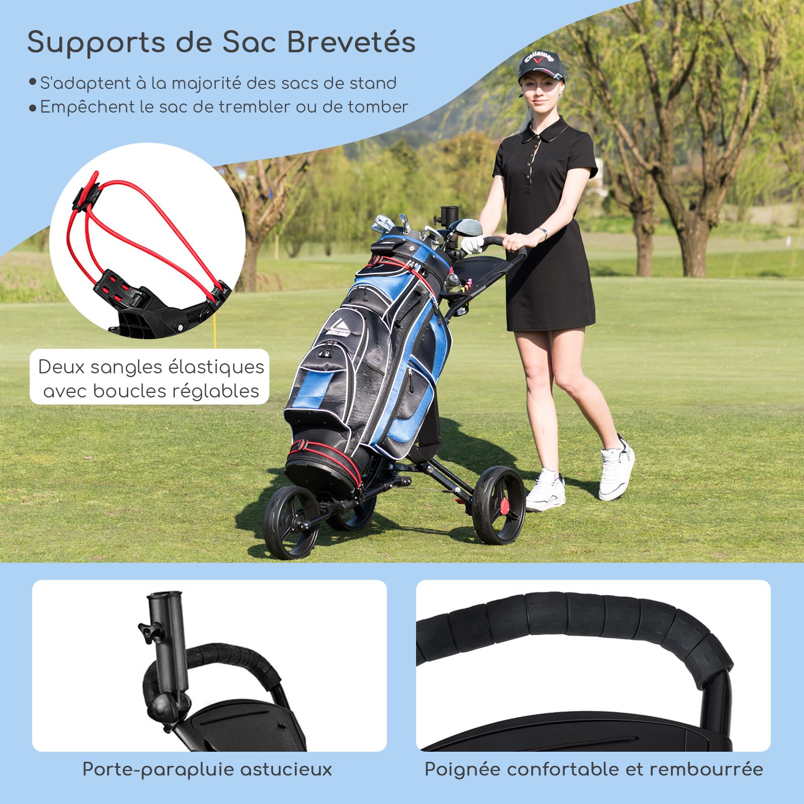 COSTWAY Chariot de Golf 3 Roues Pliable Noiravec Porte-Parapluie et Porte-Tee en Aluminium Frein au Pied et Poignée Rembourrée Ajustable