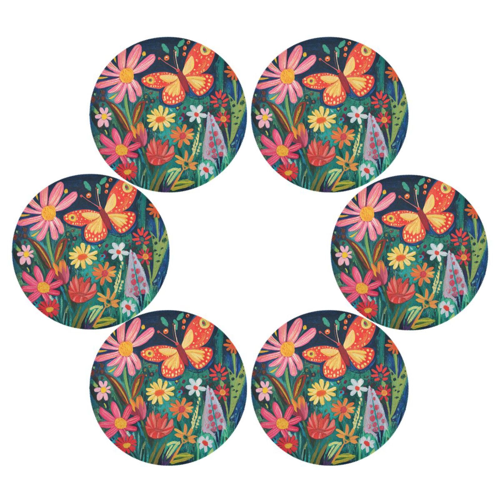 Manteles individuales de tela con diseño de mariposas y flores coloridas, redondos, reutilizables, manteles individuales de mesa, manteles individuales impermeables, juego de 6 manteles individuales