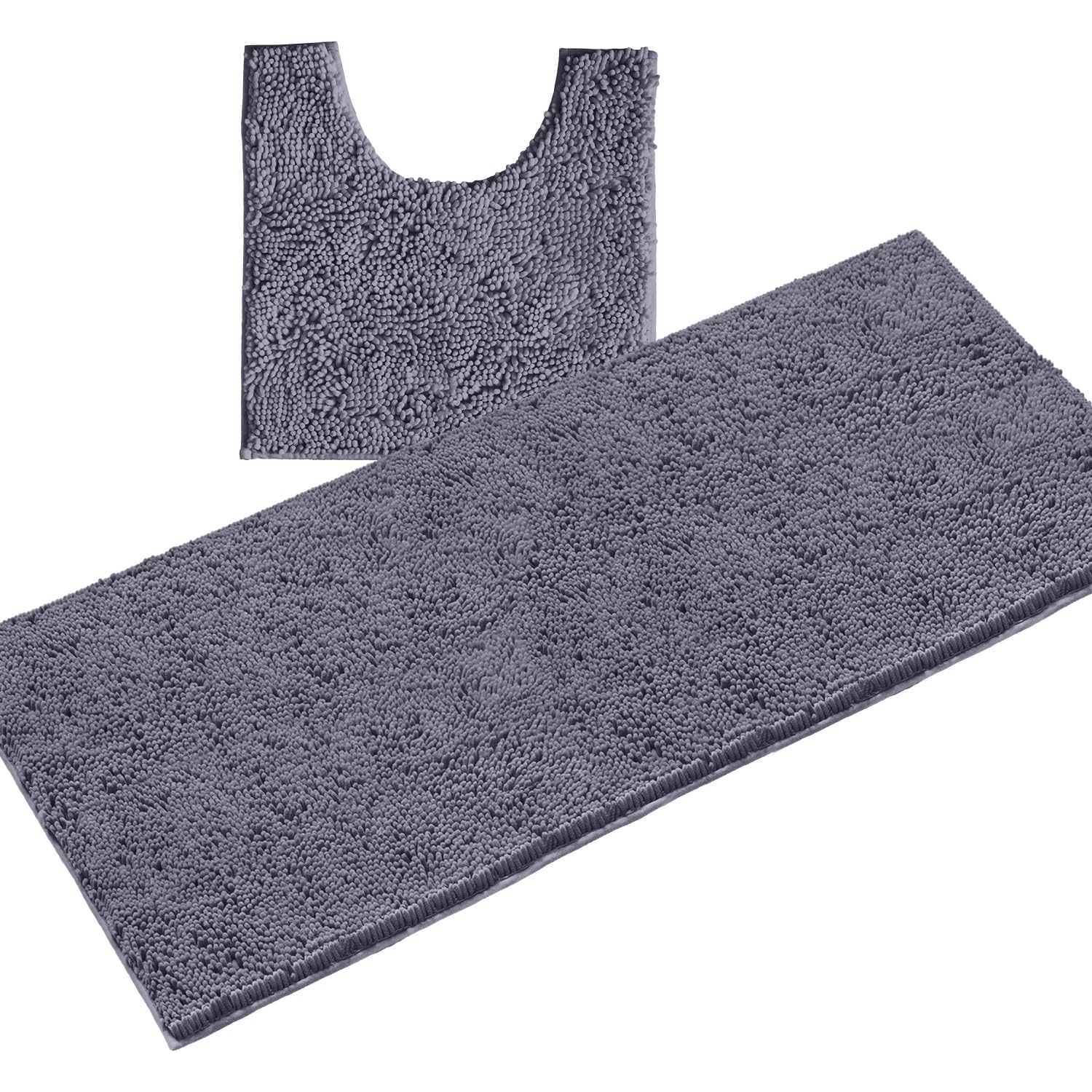 LuxUrux 2-Piece Bathroom Rug Set – Plush Chenille Runner & U-Shaped Toilet Mat, Soft, Absorbent & Non-Slip Design (20x20 U & 27x47 inches, Dark Grey)