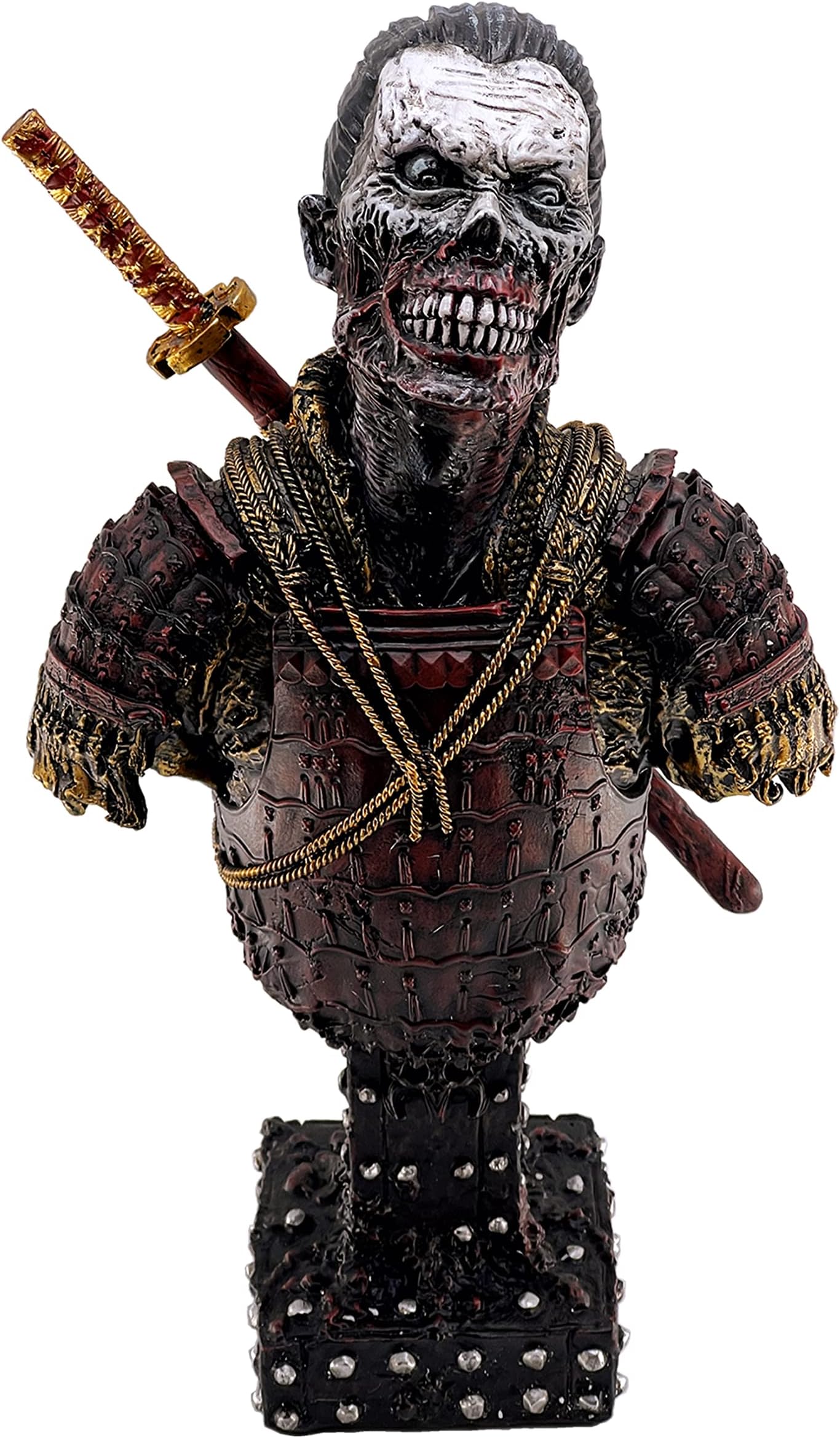 Resin Undead Japanese Samurai Zombie Bust Statue Sculpture Ornament Figurine Craft for Home House Living Room Porch Decoration Office Desk Desktop Table Arrangement Gift (Red)
