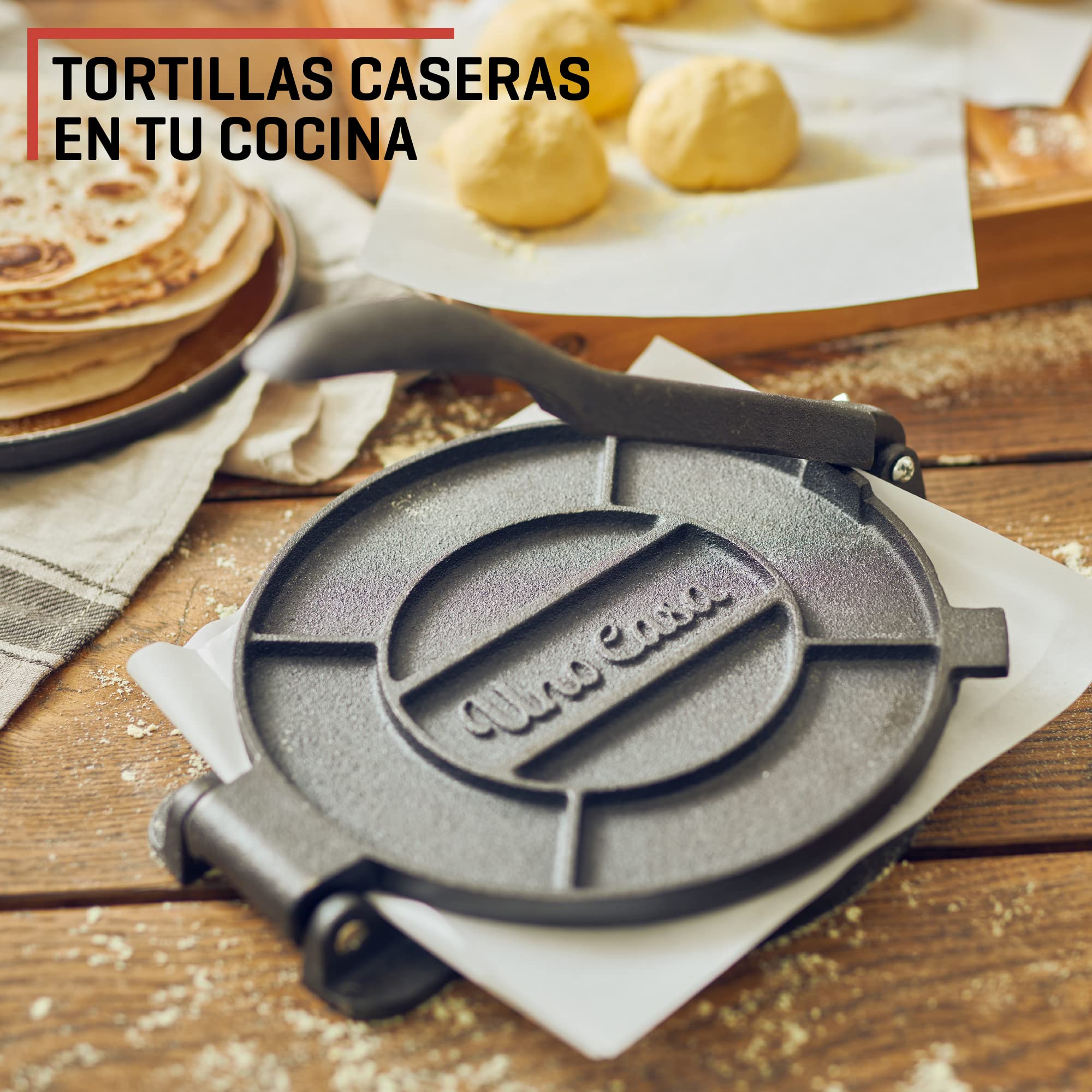 Uno Casa Prensa de tortilla de hierro fundido, 8 pulgadas, máquina de tortillas presazonadas para tortillas de maíz con 100 piezas de papel pergamino – Máquina Roti Maker Chapati, prensa de tacos,