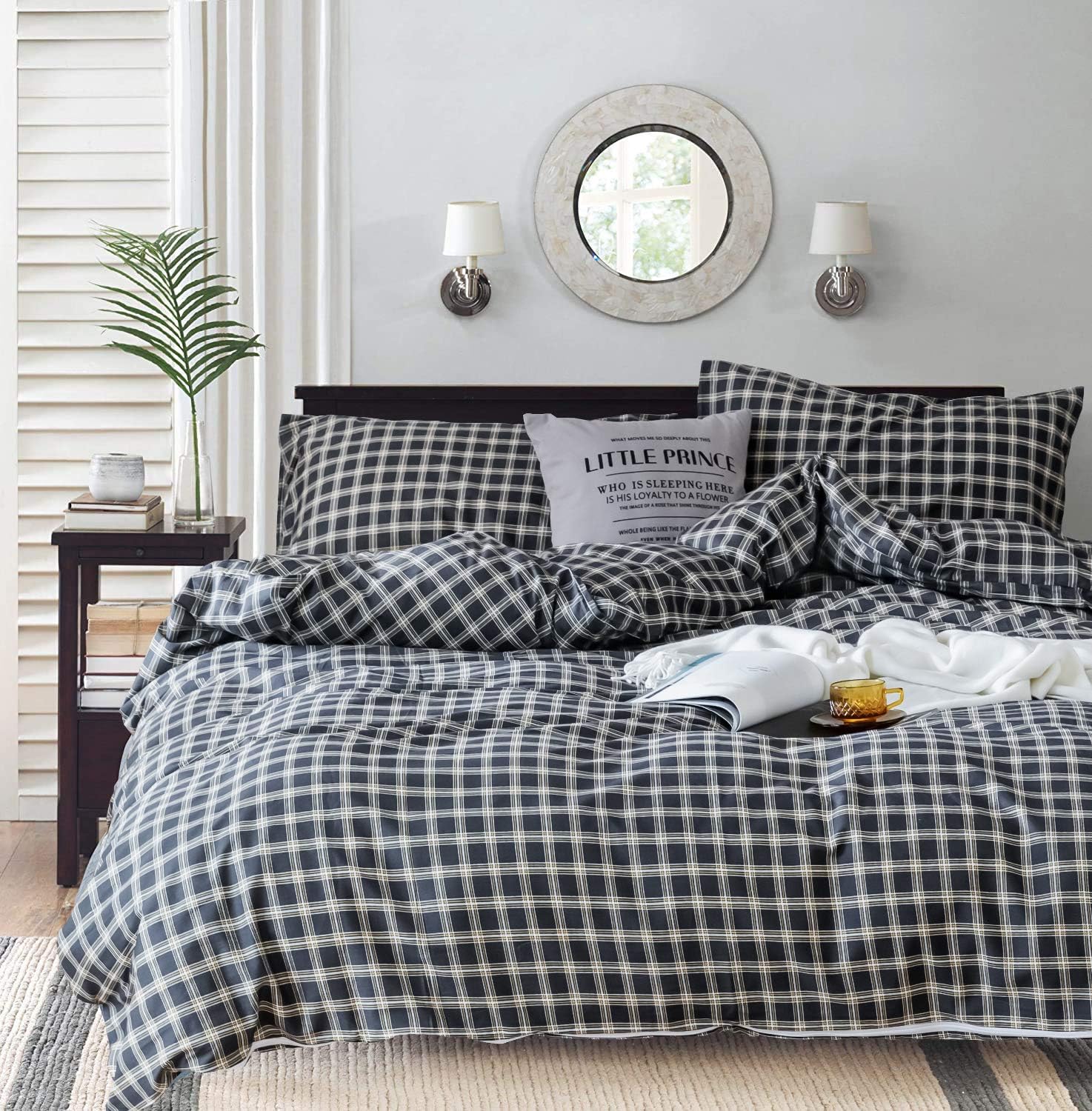 CLOTHKNOW Grey Grid Duvet Cover Sets Queen Cotton Tartan Plaid Bedding Full Sets Teenager Boys Men Bedding Gray Gingham Bedding 3Pcs Bedding Cover Sets with Zipper Closure 2 Pillowcases