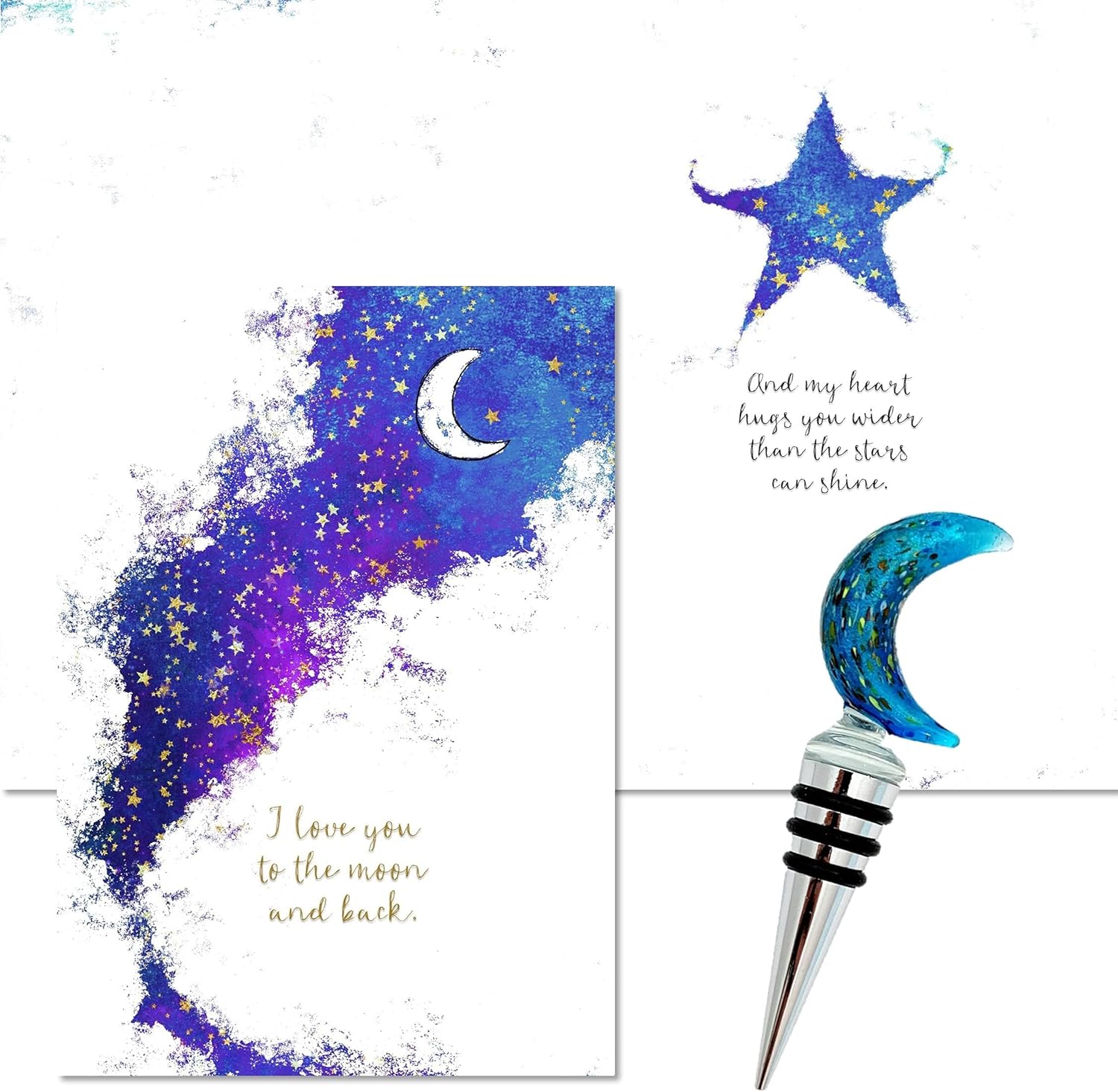 Smiling Wisdom - I Love You to the Moon and Back Greeting Card and Moon Bottle Stopper Keepsake Gift Set - Women - Blue Gold Glass Wine