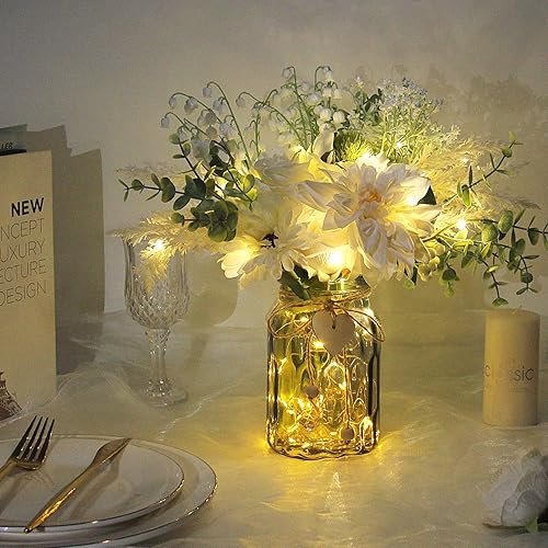 Miniatura 6 de Flores sintéticas en jarrón, flores artificiales con jarrón, arreglos florales de seda blanca primavera con luces de cobre para decoración del hogar