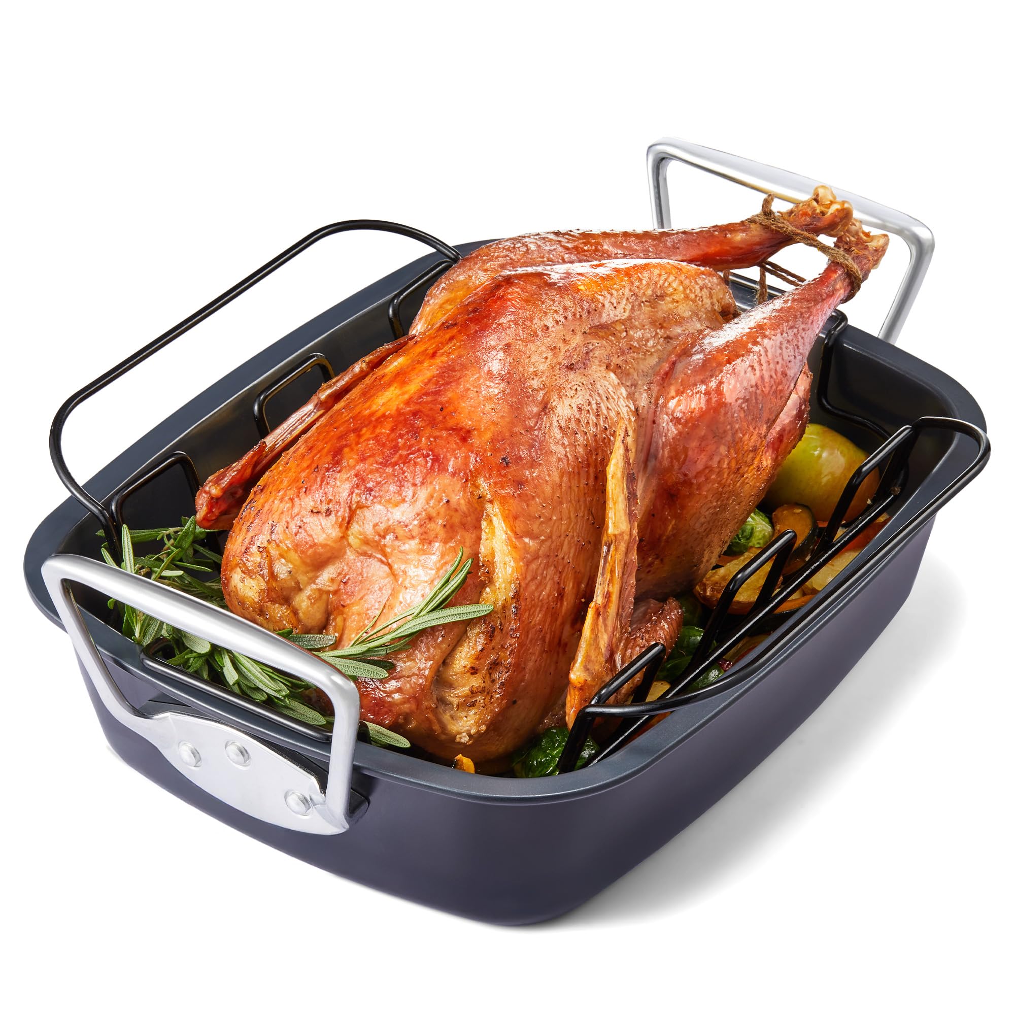 HONGBAKE Extra Large Turkey Roasting Pan with Rack (U-Shaped), 18.7×13.6 Inch Nonstick Roaster Pan for 25 lb Turkey &amp; Chicken, Deep Turkey Tray for Oven, Wider Handles, 0.8 mm Heavy Duty Steel, Gray