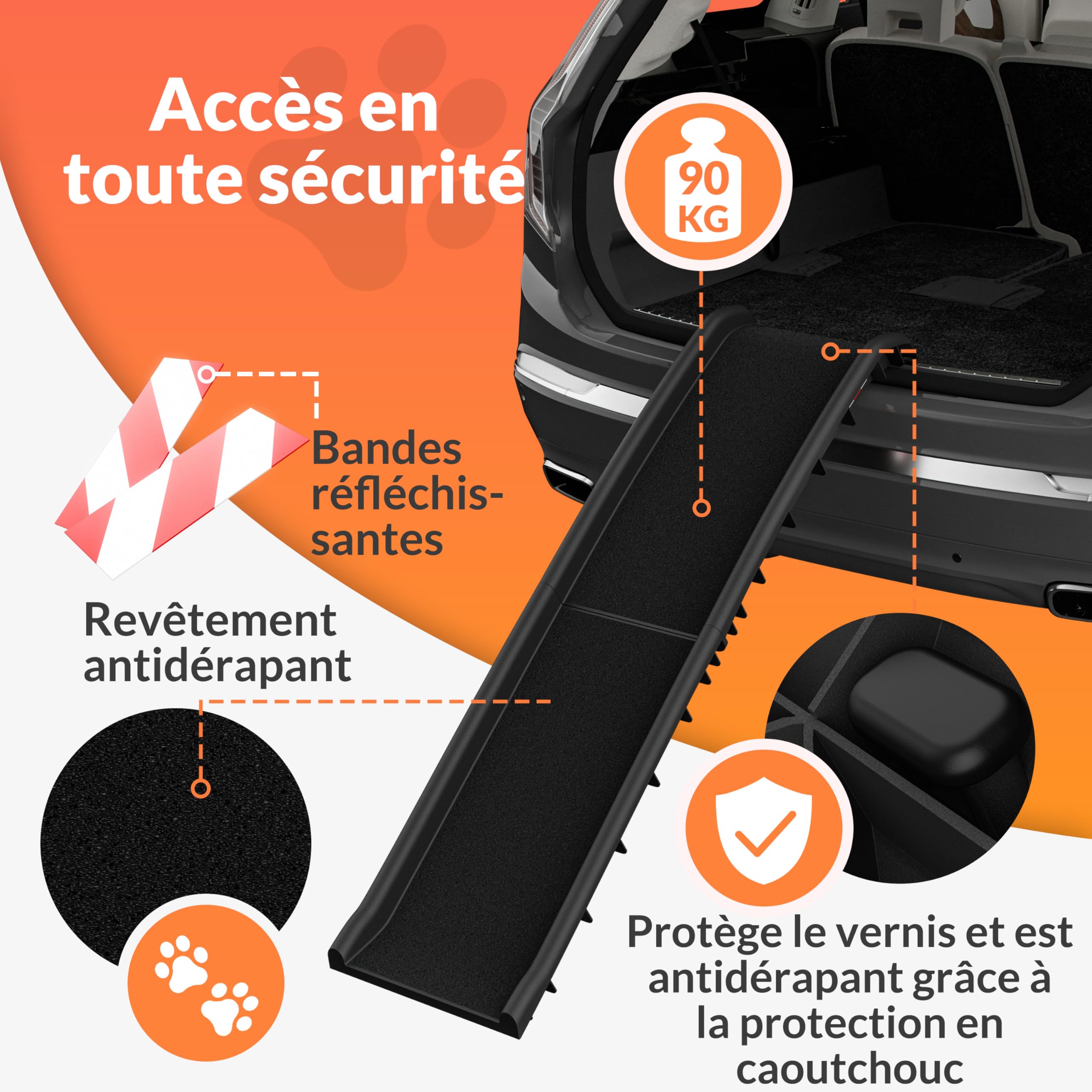 Rampe Pliable pour Chiens avec Réflecteurs Capacité de Charge 90kg Robuste CADOCA