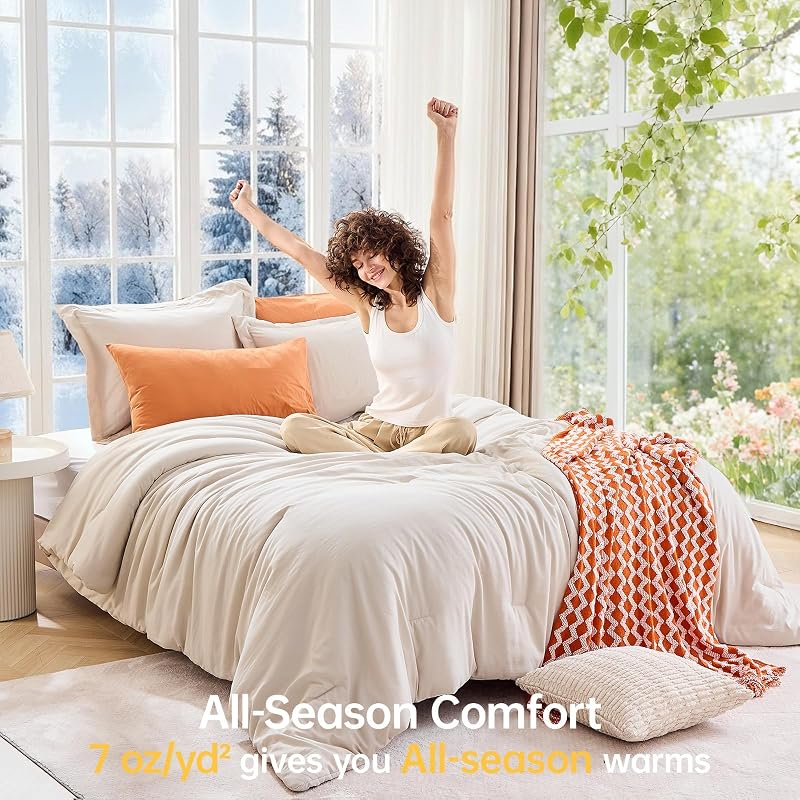 MUXHOMO Queen Comforter Set, 3-Piece All-Season Bedding, Beige image 4