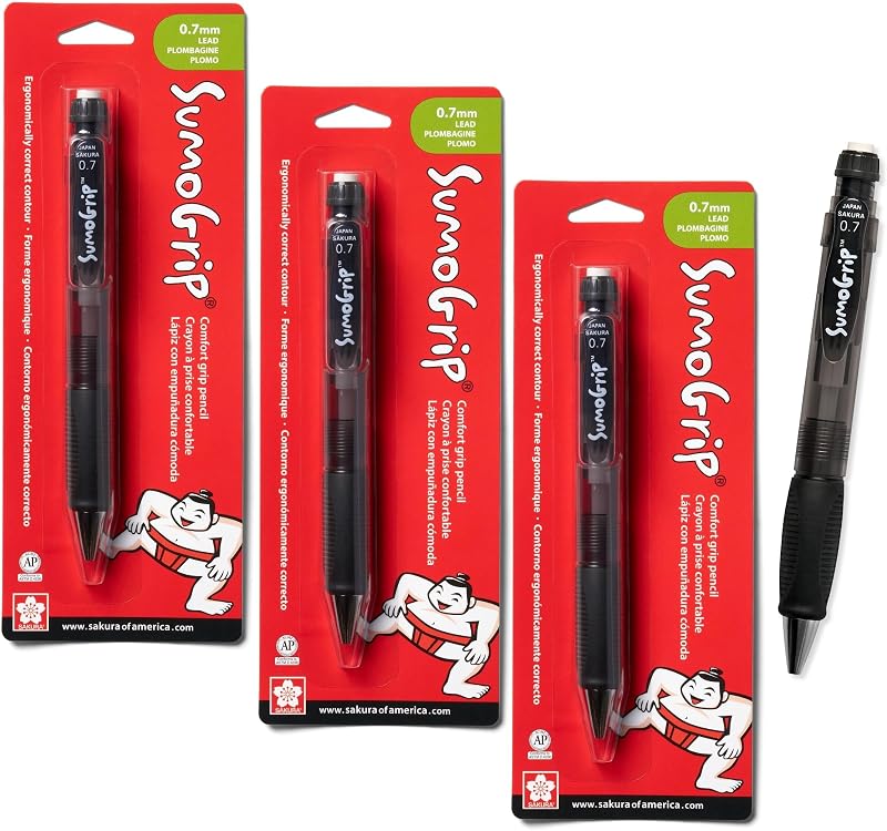 SAKURA SumoGrip Pencil with Comfort Grip - 0.7 mm Ergonomic Mechanical Pencil - Clear Gray - 3 Pack | Comfort Grip Pencil, Jumbo Twist-Out Eraser Lasts Longer, Recommended by Physical Therapists, Ergonomic Feel