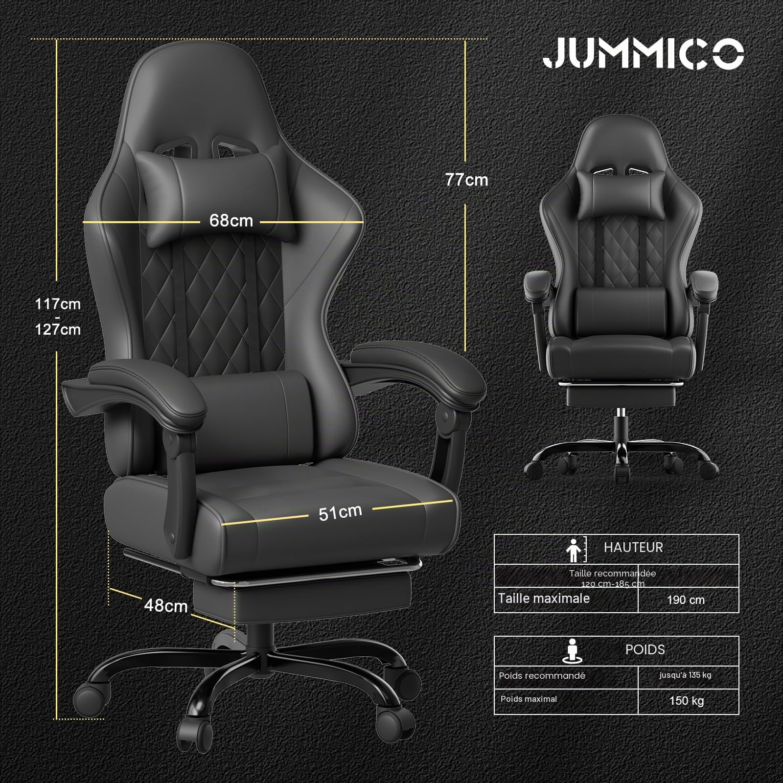 JUMMICO Chaise Gaming Ergonomique, Chaise de Bureau avec Fonction Massage, Fauteuil Gaming avec Repose-Pieds, 150 kg, Noir
