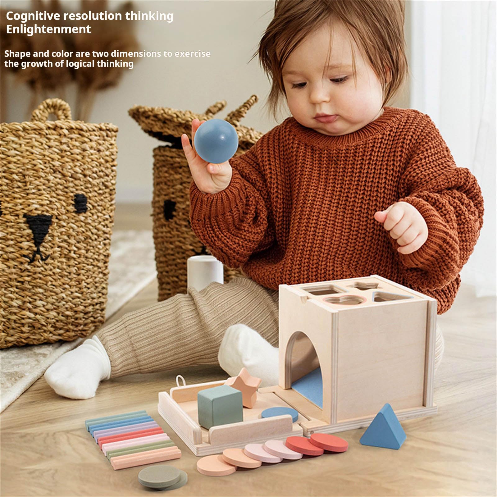 Multifunktionales Holzsortierspielzeug für Kinder, einschließlich Formsortierer, Farbkoordination und Geldschlitzaktivitäten, multifunktionale Spielzeugkiste