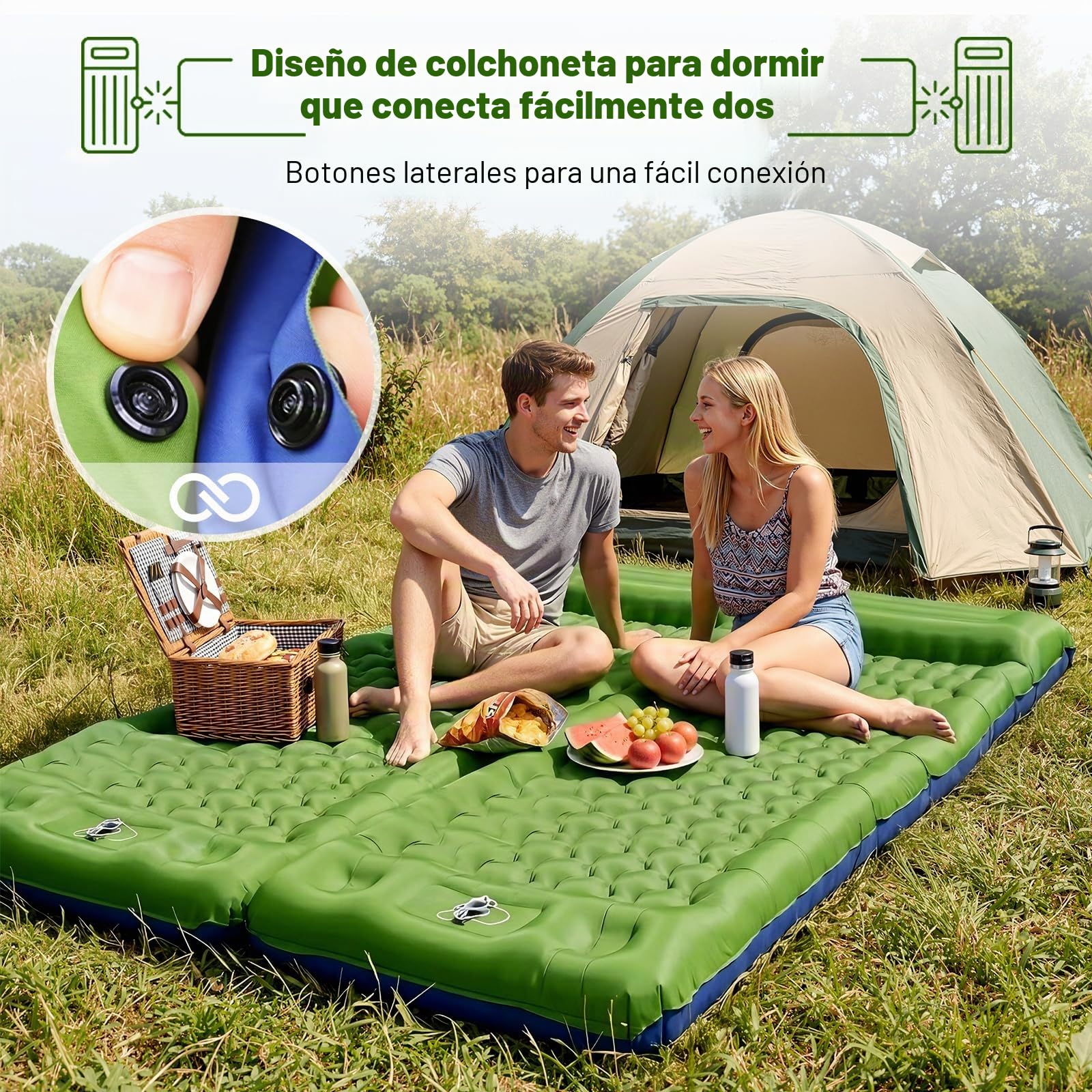 JATEKA Colchoneta Autoinflable XL para Camping, Individual con Correas, Verde y Azul, Colchón Ligero para Senderismo