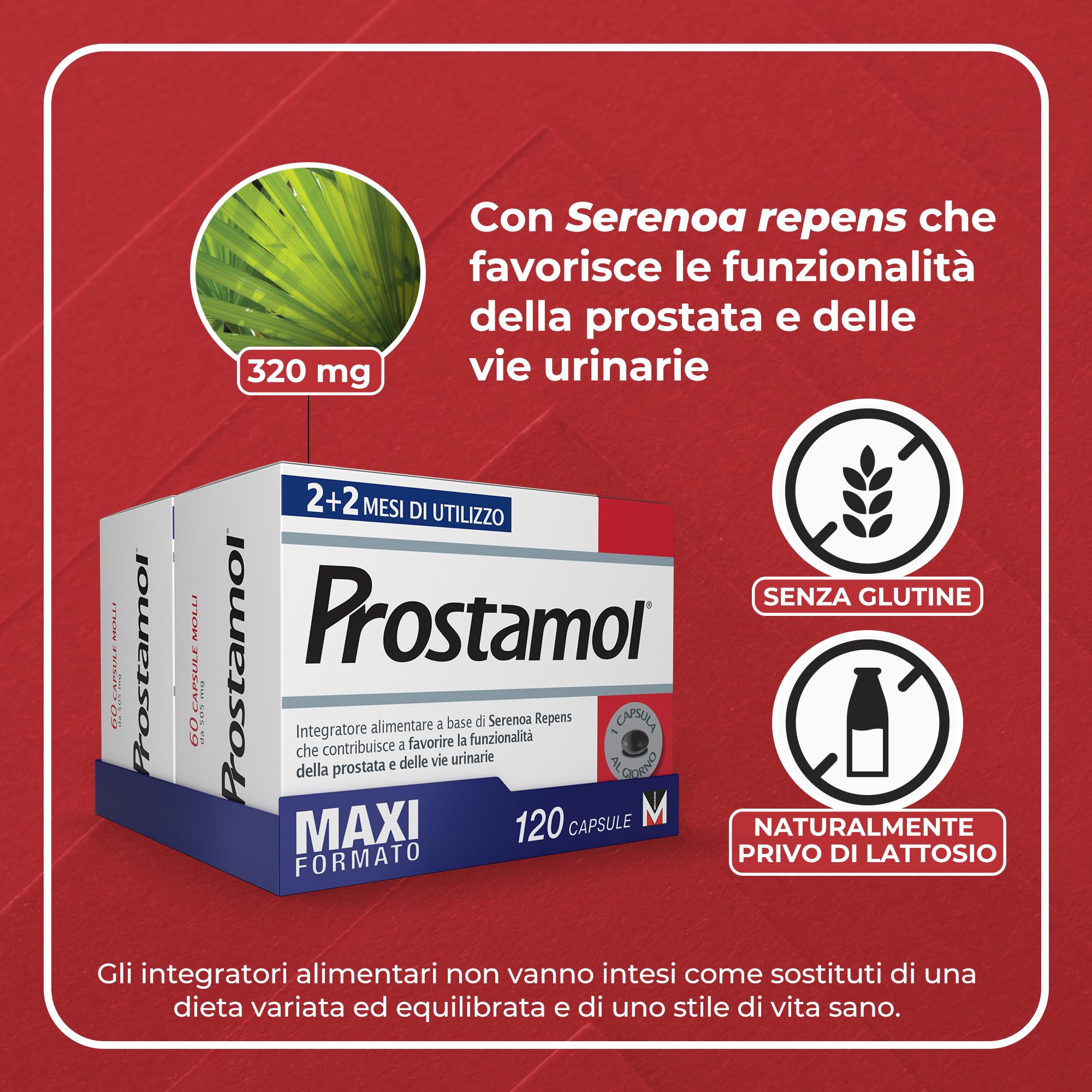 Prostamol 120 Capsule Molli - Integratore Alimentare a base di Serenoa repens (320 mg) per la Funzionalità della Prostata e delle Vie Urinarie. Senza Glutine. Naturalmente privo di lattosio.