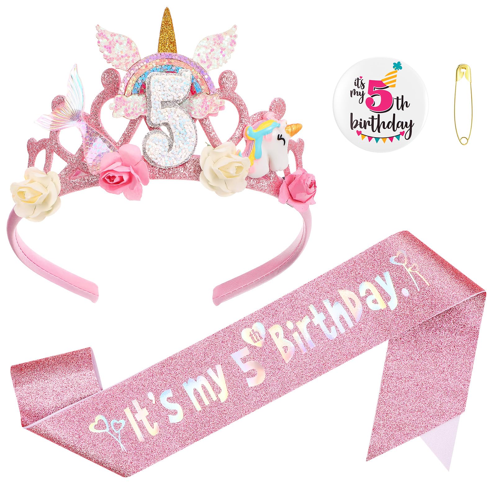 GSrenyu 5th Birthday Decorations for Girls,Headband Glitter Sash and Badge Set for 5 Year Old Girls Birthday Decorations,Flower Princess Crown Headband