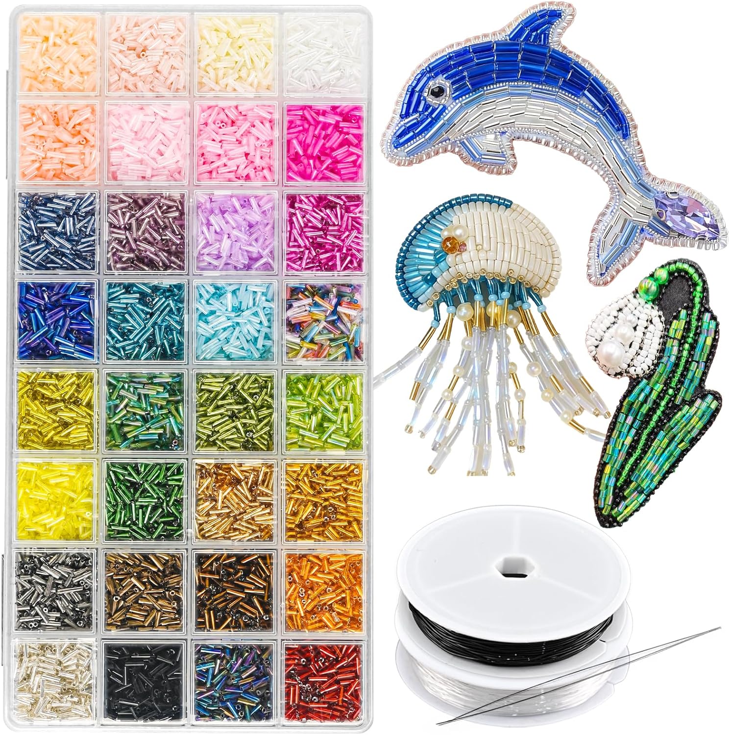 VvLons Glass Bugle Beads Kit 7mm 32 Colors Vibrant Tube Beads Kit for DIY Bracelet Necklaces Hand Embroidery Craft Enthusiasts & Home Decoration Jewelry Making Supplies for Adult