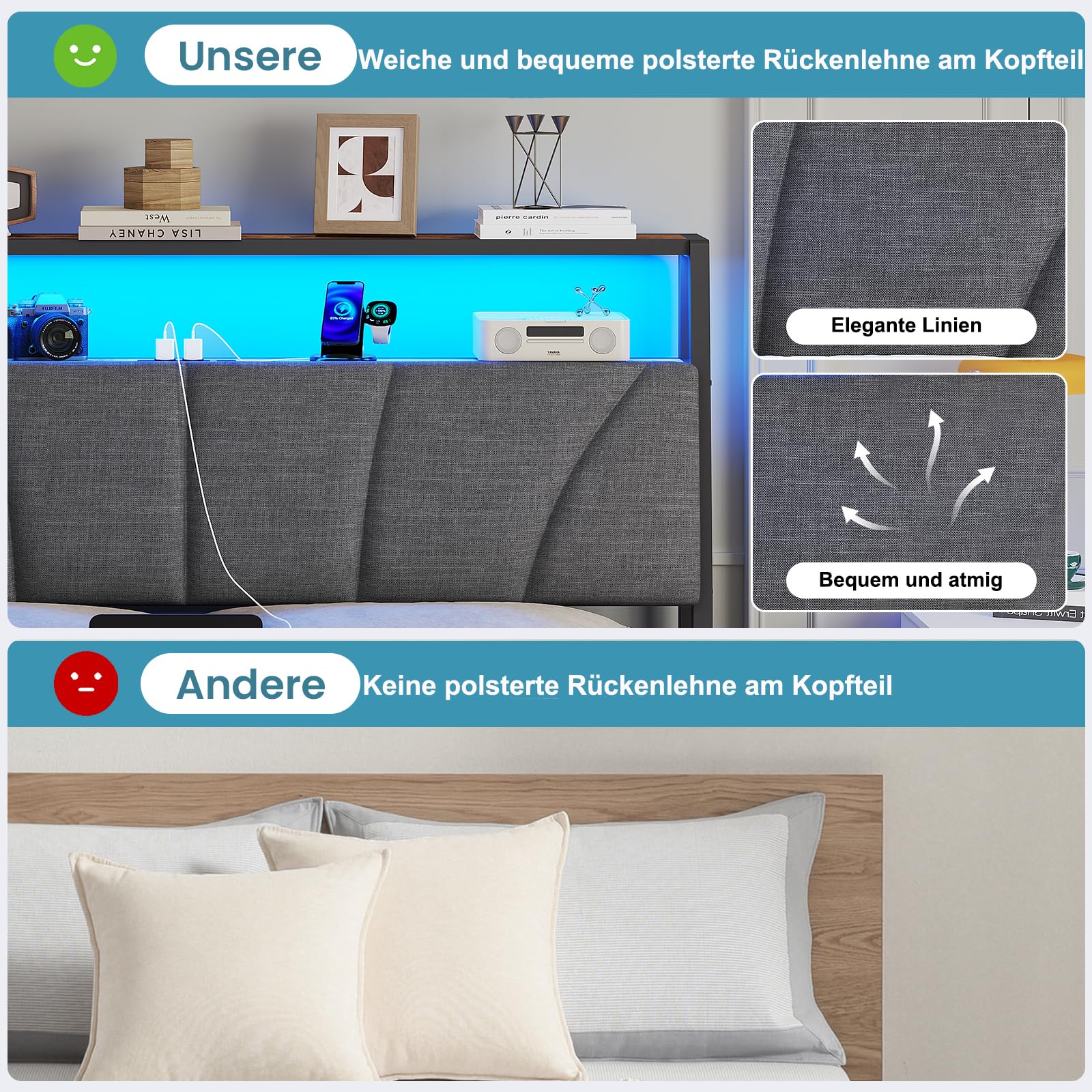 Brinlawb Bett 140x200 cm mit LED Beleuchtung und Ladestation (2 AC-Steckdosen, USB-A, USB-C) Jugendbett 140x200 mit gepolstertem Kopfteil und 2 offenen Regalen, Bettgestell 140x200cm, Metallbett, Grau