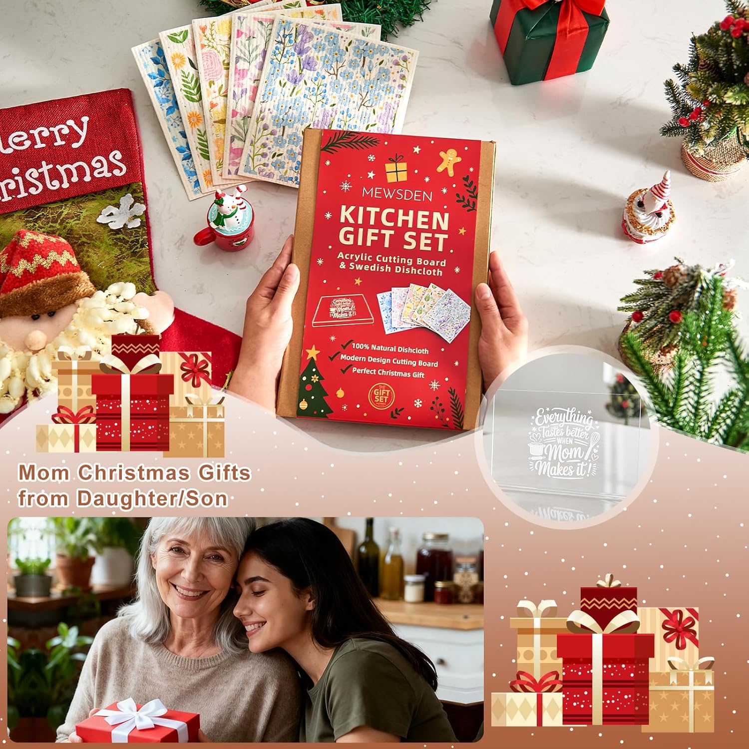 Mom Gifts Set from Daughter Son - Engraved Acrylic Cutting Board with 5-pack Floral Swedish Dishcloth Cooking Gift for Mom Mother Birthday Present Aesthetic Kitchen Decor