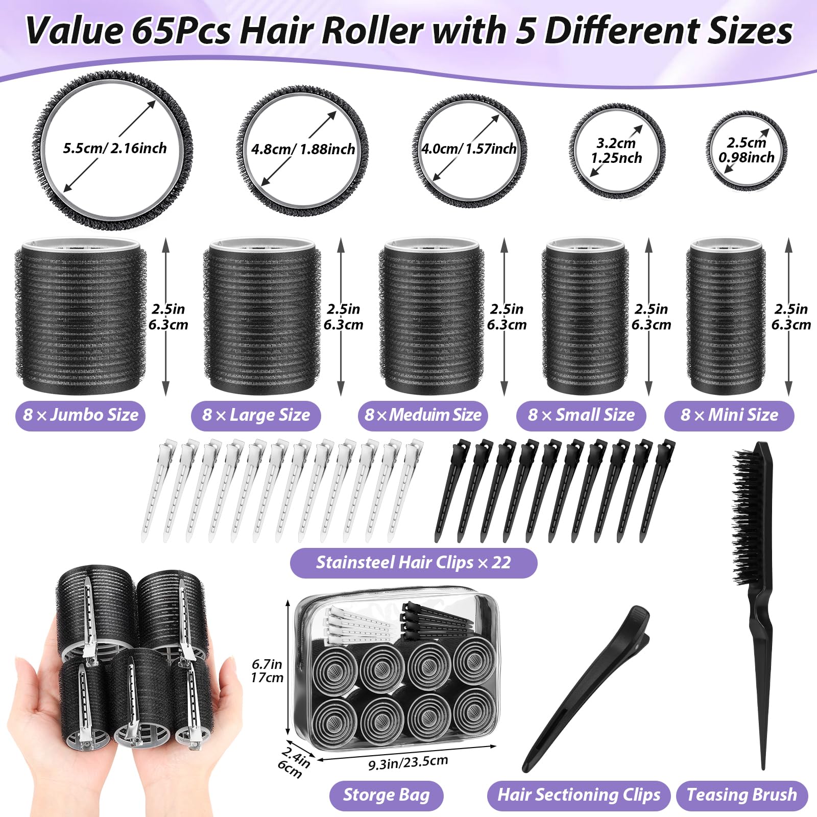 Qinzave Rizadores de pelo con clips, rodillos grandes con 5 tamaños, rodillo de pelo autoagarre para volumen largo, medio, corto, grueso, fino