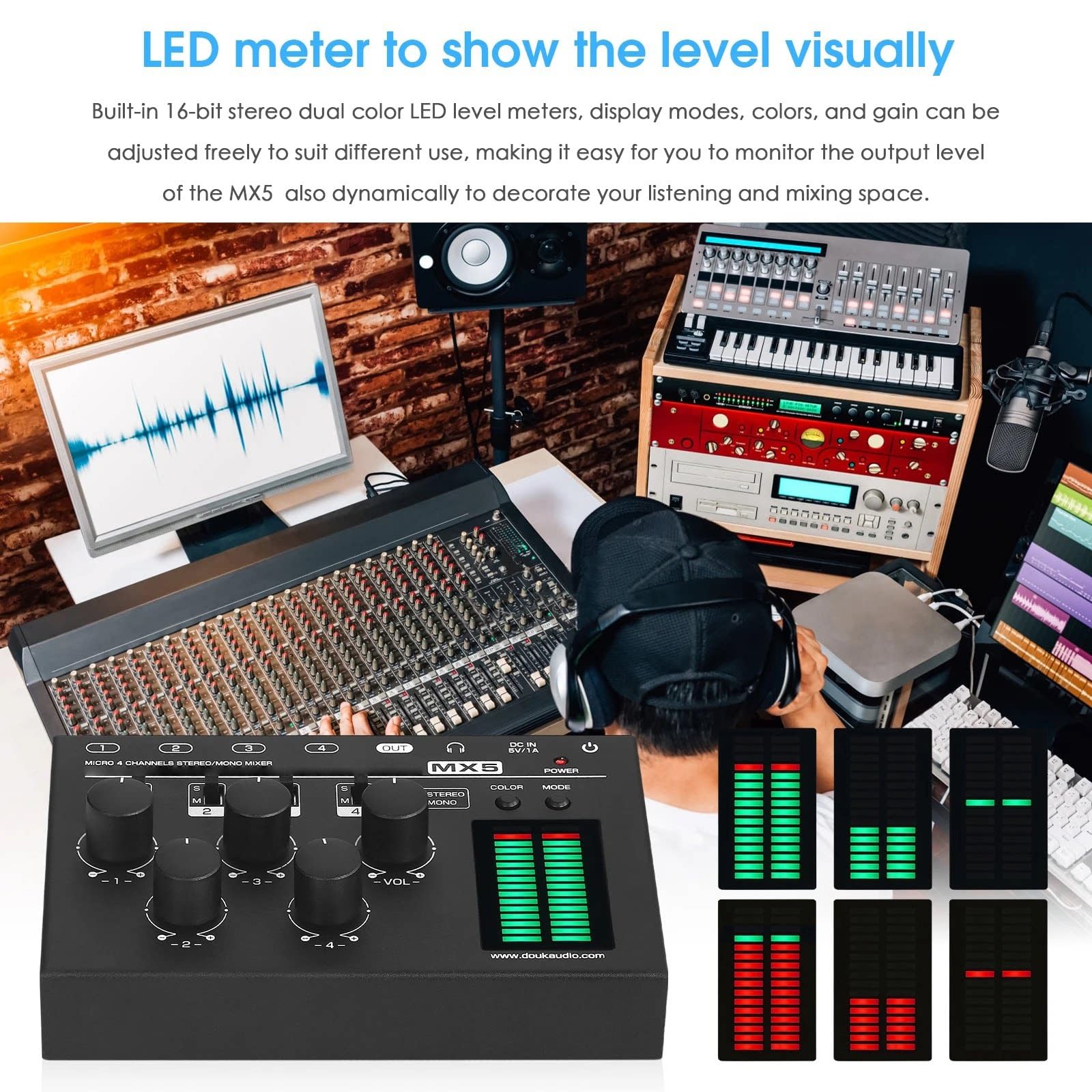 4-kanałowy mikser audio mono/stereo, wskaźnik poziomu LED | Mikser liniowy o ultraniskim poziomie szumów, regulowany kolor i wzmocnienie, wizualizator muzyczny RGB, do streamingu