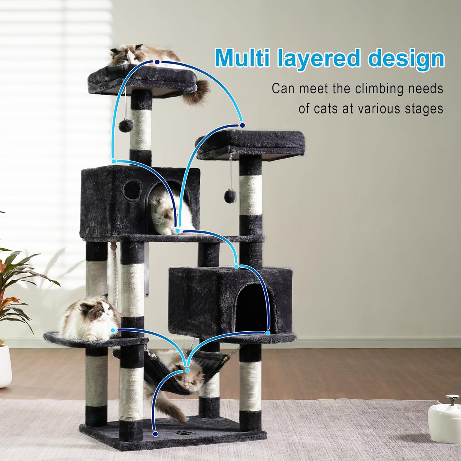 Hey-brother Large Multi-Level Cat Tree Condo Furniture with Sisal-Covered Scratching Posts, 2 Bigger Plush Condos, Perch Hammock for Kittens, Cats and Pets Smoky Gray MPJ020G